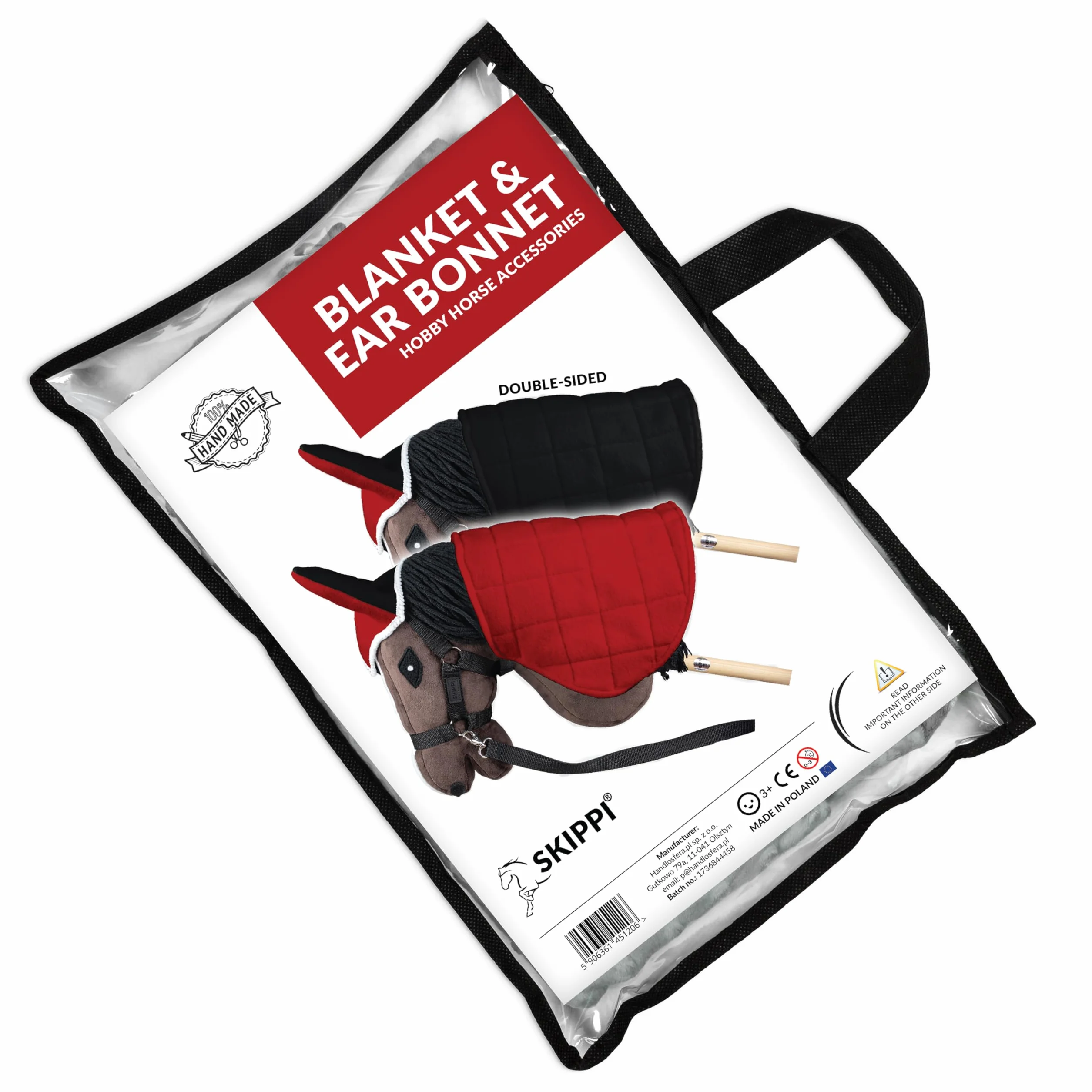 SKIPPI Couverture Réversible et Bonnet Anti Mouches pour Hobby Horse - Rouge et Noir, Accessoire Tête de Cheval