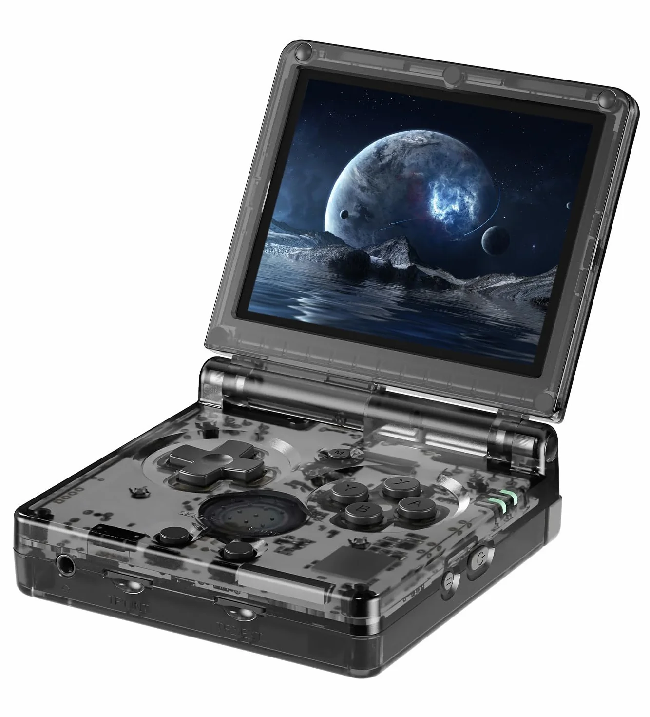 RG35XXSP Console de jeux portable à clapet 64 Go + 128 Go 8000 jeux Linux noir transparent