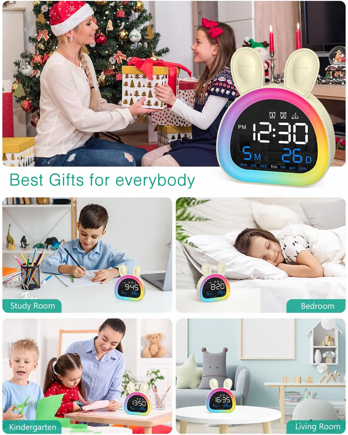 ORIA Réveil Numérique Enfant avec Veilleuse Multicolore, Bluetooth, Sons Naturels, 5 Niveaux Luminosité