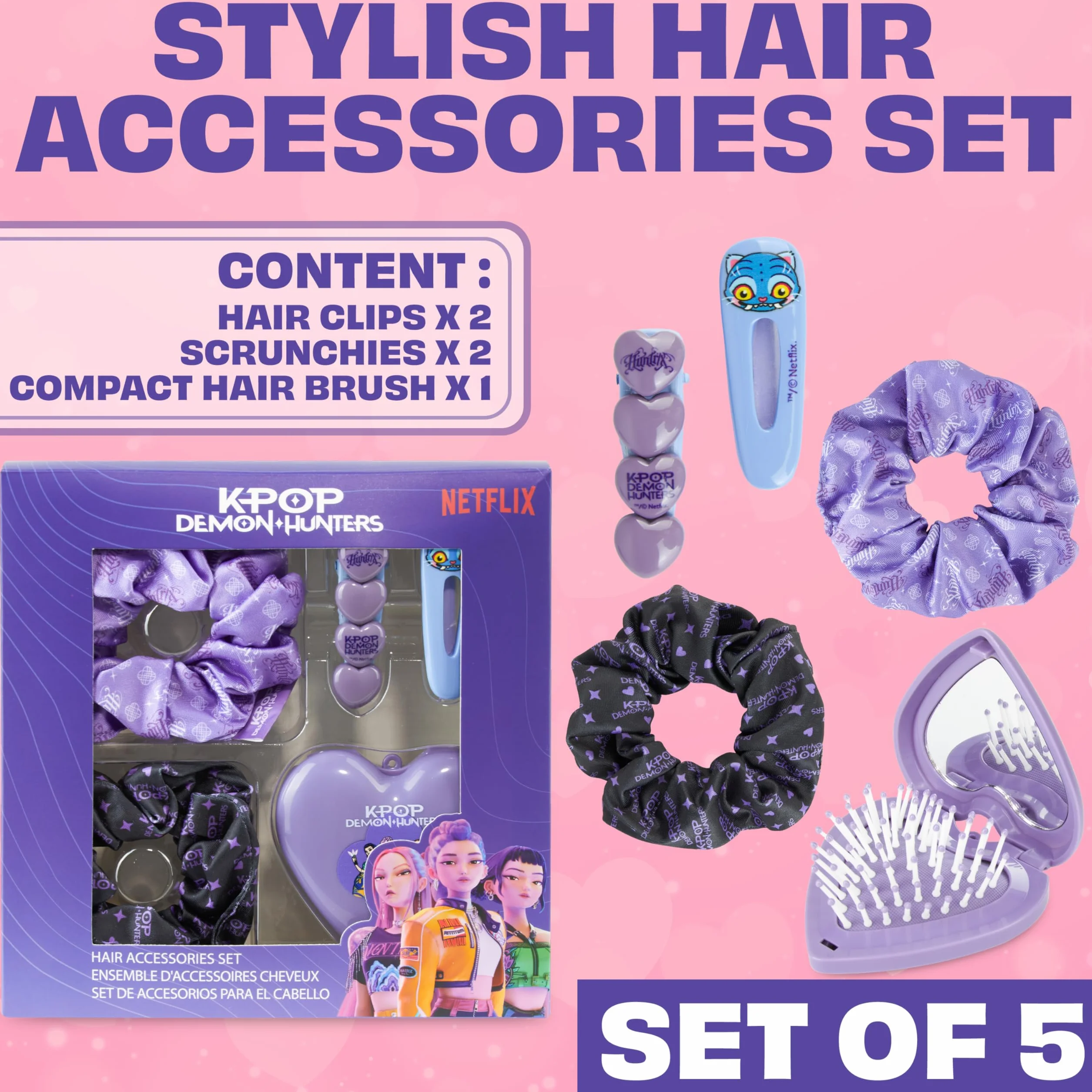 Huntrix Accessoire Cheveux Fille Set 5 Pièces Pince Elastique Chouchou Brosse Cheveux Miroir
