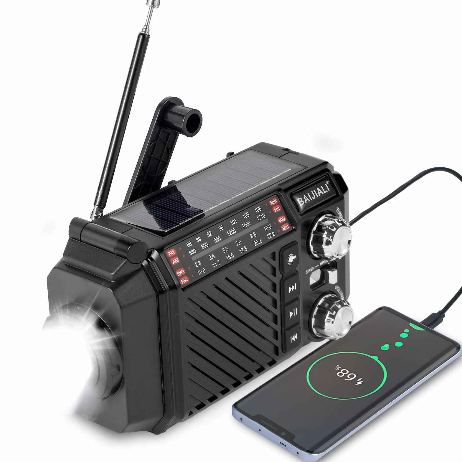 Radio de Survie à Manivelle avec Power Bank 2600mAh, Radio Solaire Dynamo AM/FM/OC, Lampe Torche SOS Rechargeable USB - Noir
