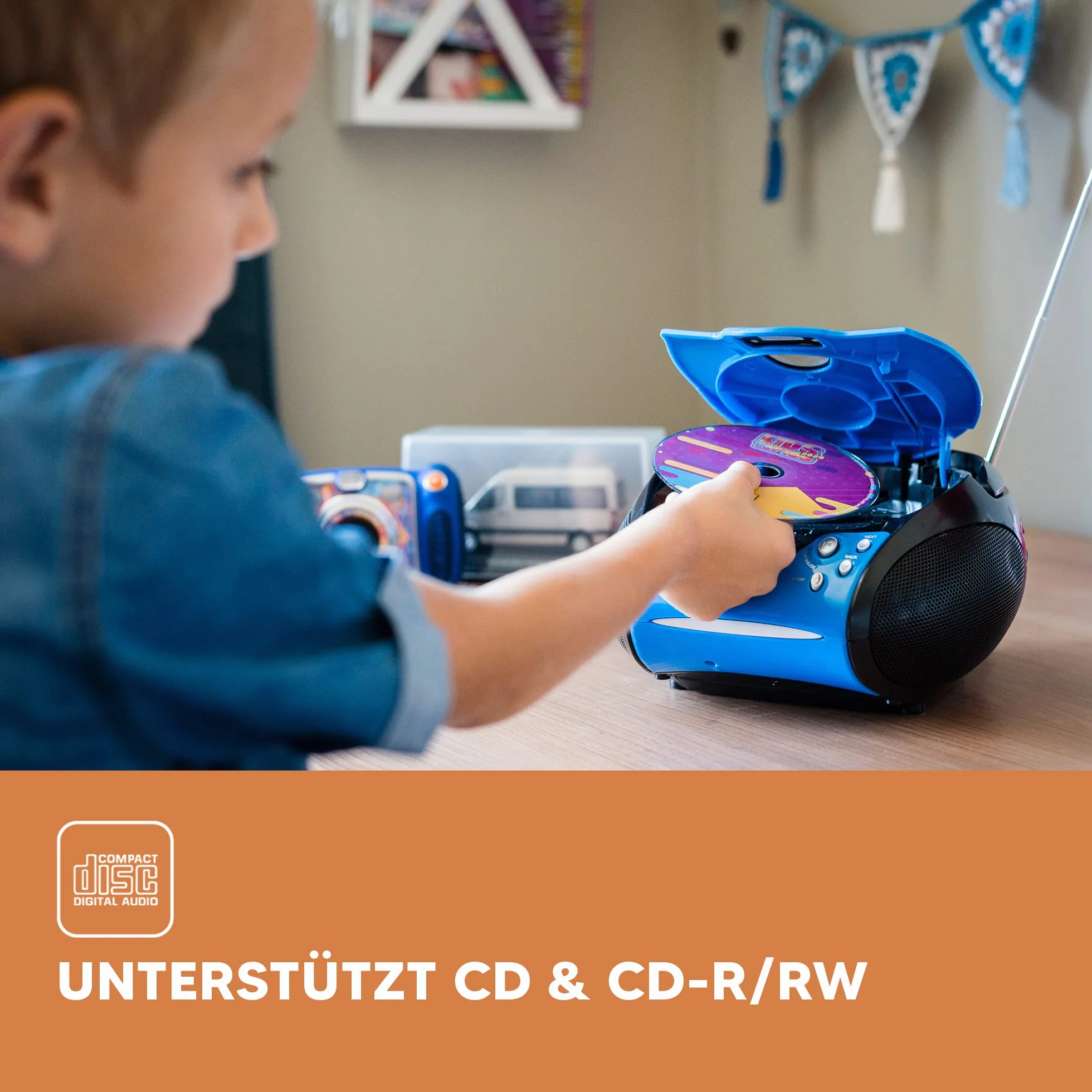 Lenco SCD-24 Radio Lecteur CD Enfant Chaîne Stéréo avec Prise Casque, Écran LCD, Batterie, Alimentation - Bleu