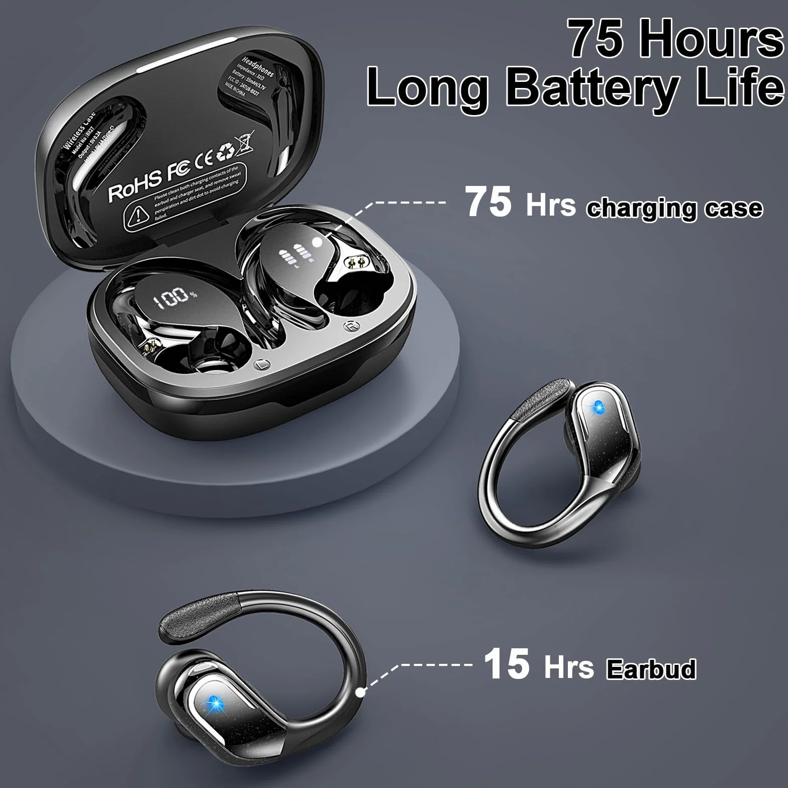 Ecouteurs Bluetooth Sans Fil Sport 5.4, 75Hrs Stéréo HiFi 3D, ENC Réduction de Bruit, IP7, USB-C, Casque Running LED
