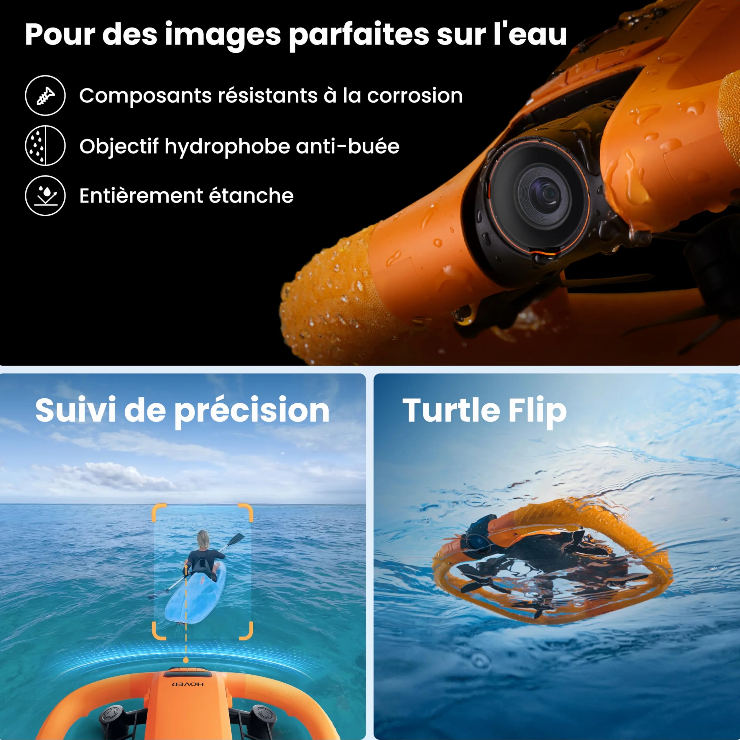 HOVERAir AQUA Caméra volante, drone suivi étanche IP67 avec caméra pour sports nautiques, 34mph, 10+ modes de vol, ralenti 4K 100ips, vidéo HDR, SmoothCapture 3.0 (Land & Sea Combo)
