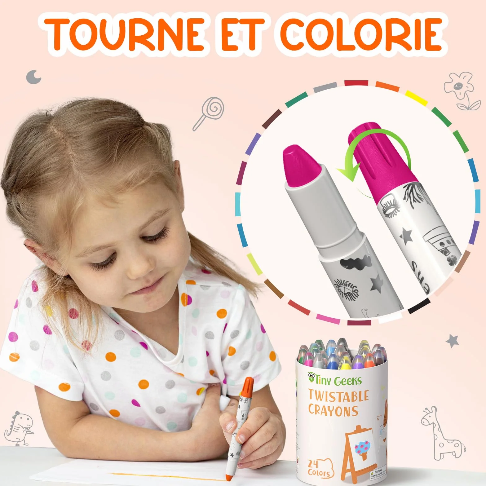 TinyGeeks Crayons Twistables Non Toxiques Lavables pour Enfants 1-8 Ans