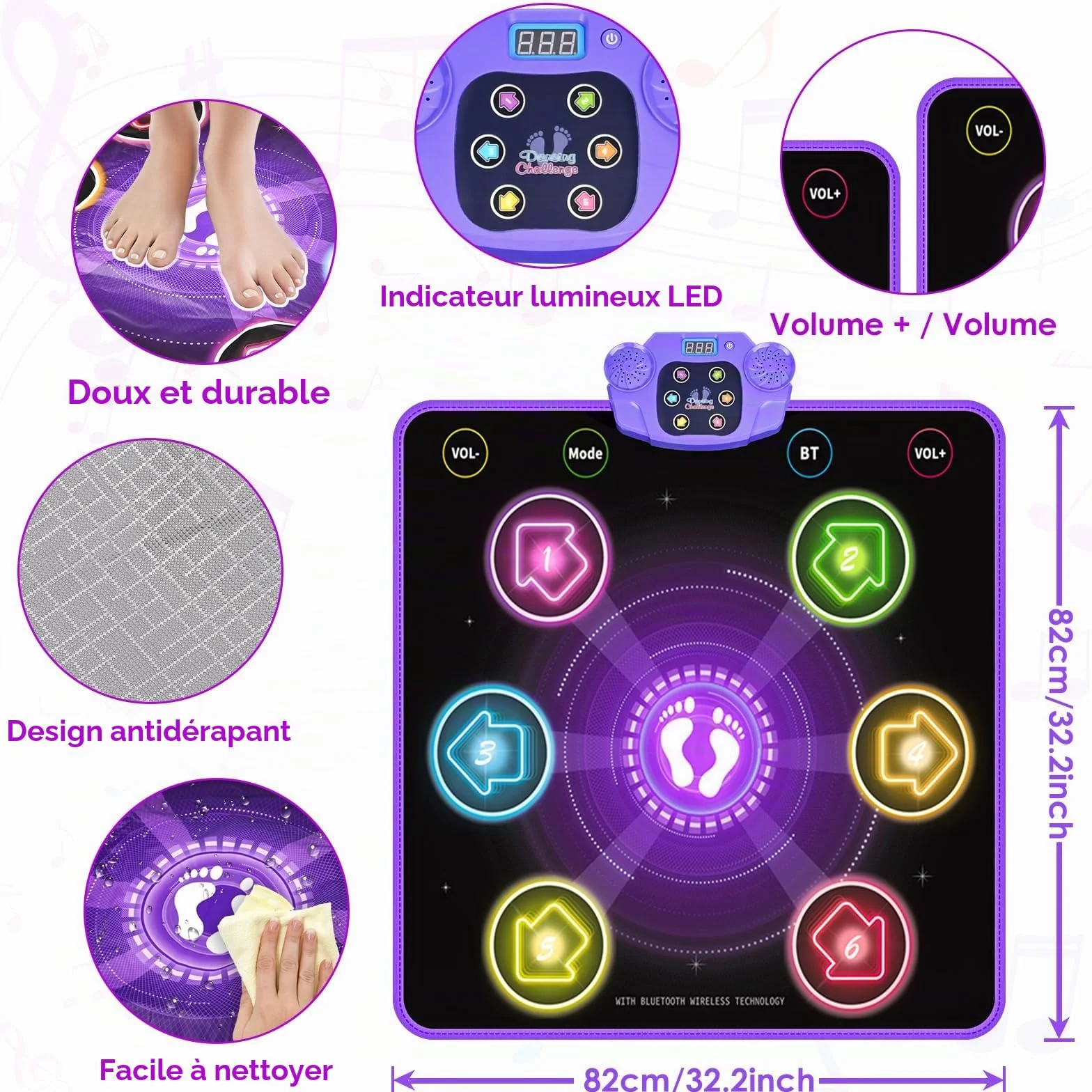 Tapis de Danse pour Enfants GuKKK 6 Flèches de Lumière LED Musique Pad Bluetooth Interactif Cadeau Noël Garçons Filles 3-7+