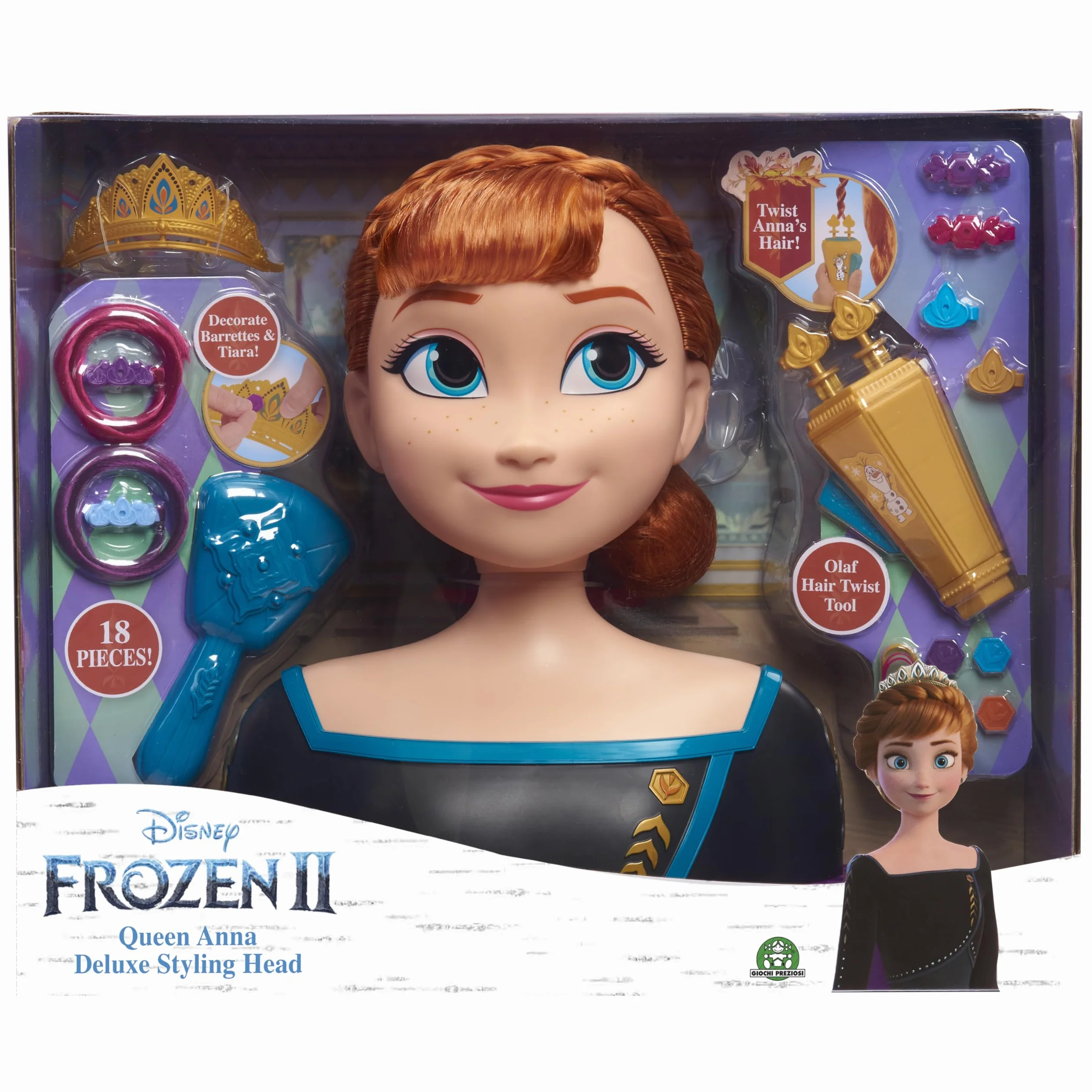 Disney LA REINE DES NEIGES 2 Anna Tête à Coiffer Deluxe 18 Accessoires de Coiffure Jouet Enfants 3 Ans