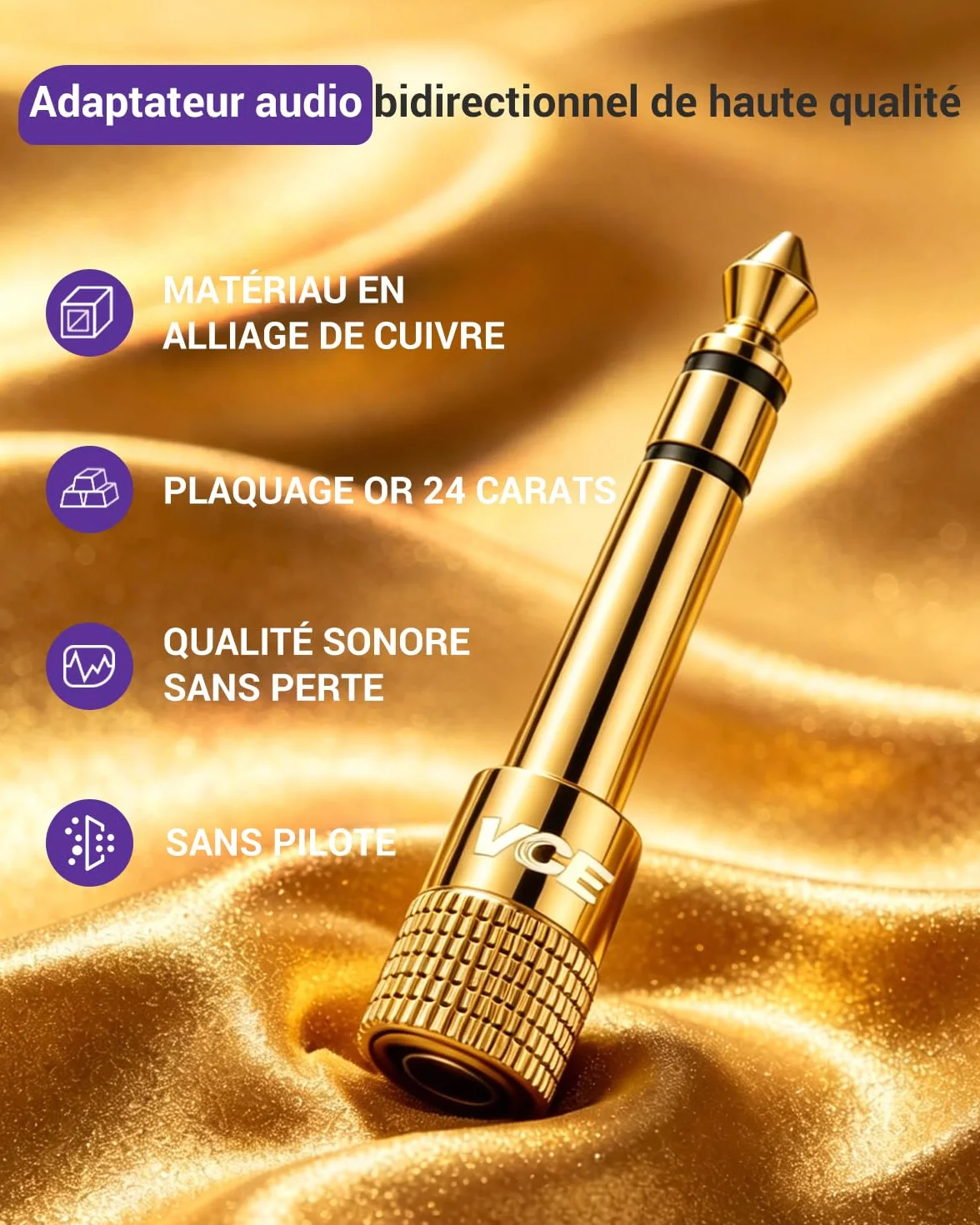 Adaptateur Jack 6.35mm Mâle vers 3.5mm Femelle, Audio Stéréo Plaqué Or 24K, Lot de 2