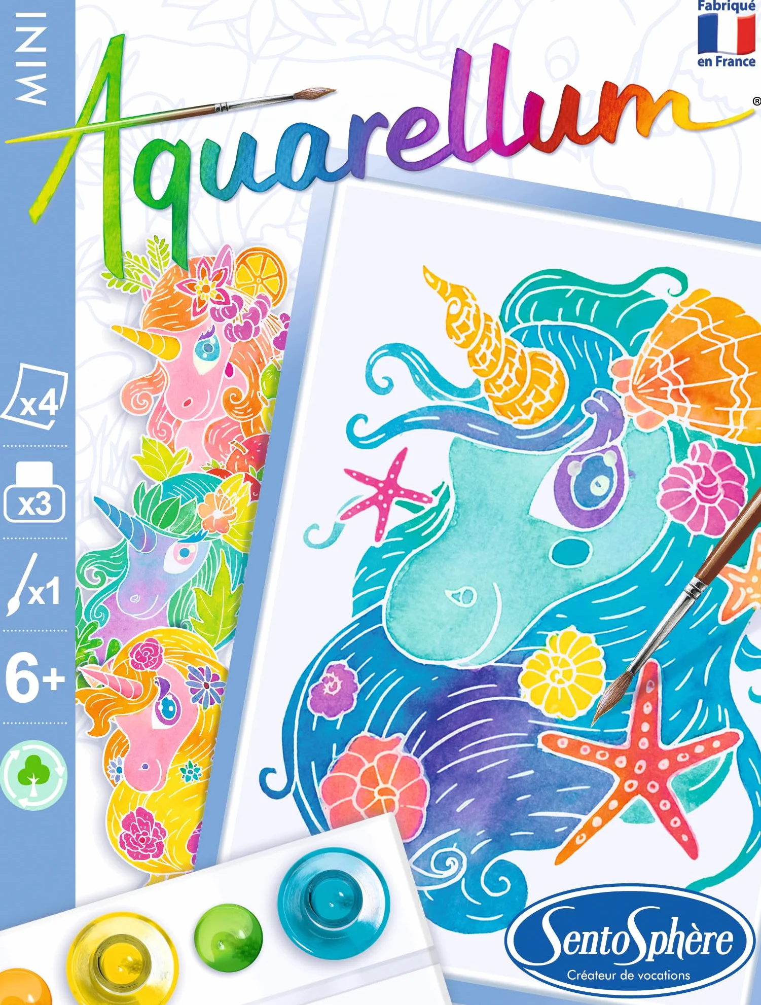 Sentosphère Aquarellum Mini Licornes Kit Peinture 4 Tableaux 12x16 cm Fabriqué en France