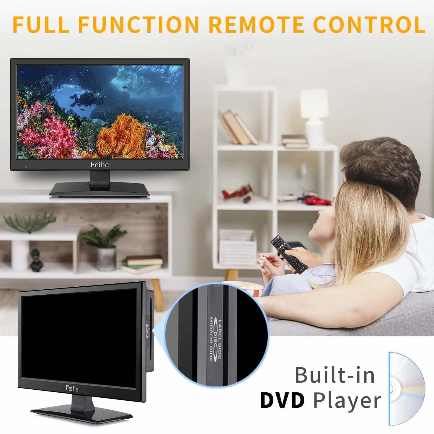 ZOSHING TV 16 Pouces avec Lecteur DVD, Tuner T2 Intégré, HDMI/USB, 12V pour Cuisine Camping-RV