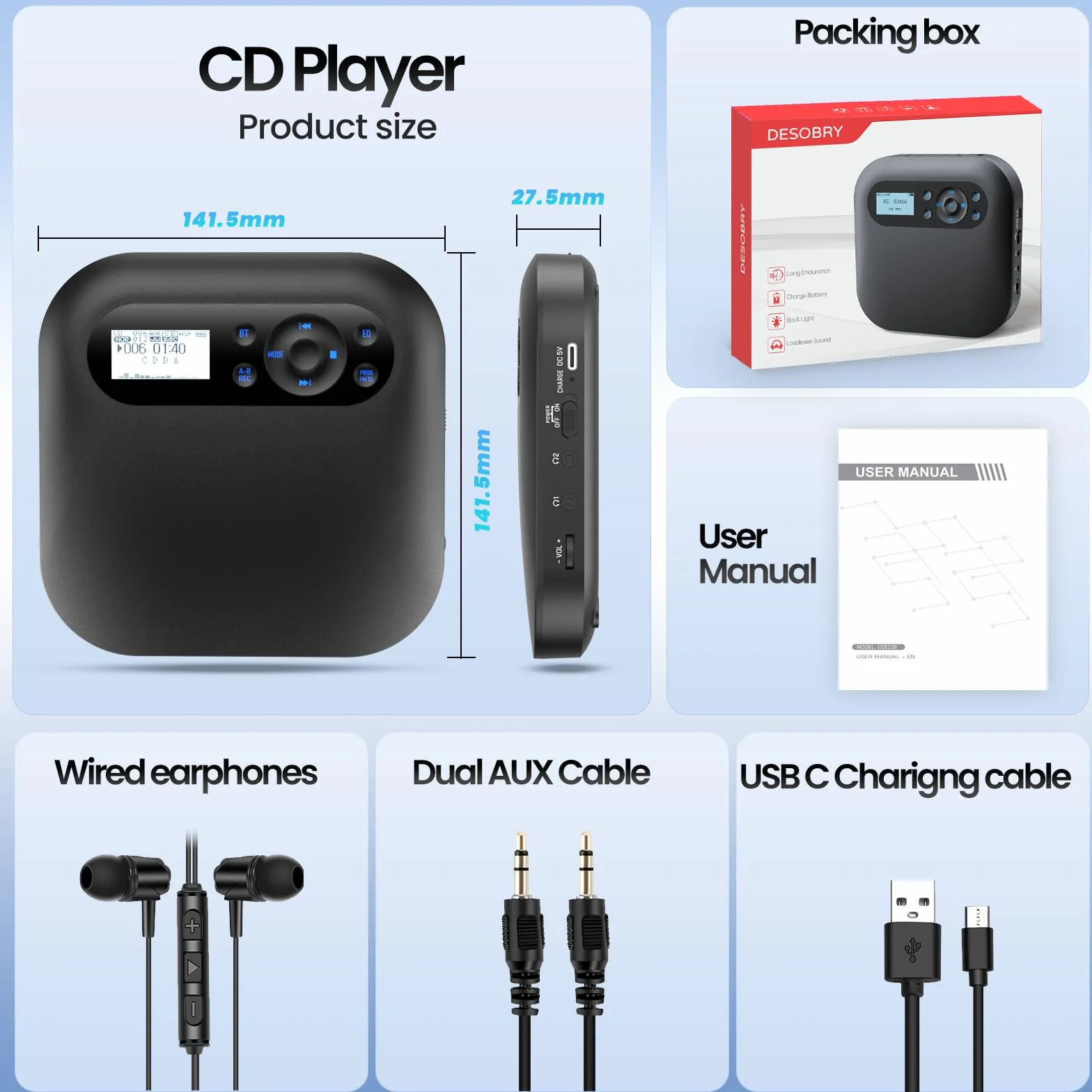 Lecteur CD Portable Bluetooth Rechargeable Discman FM Haut-parleurs Stéréo Anti-Saut