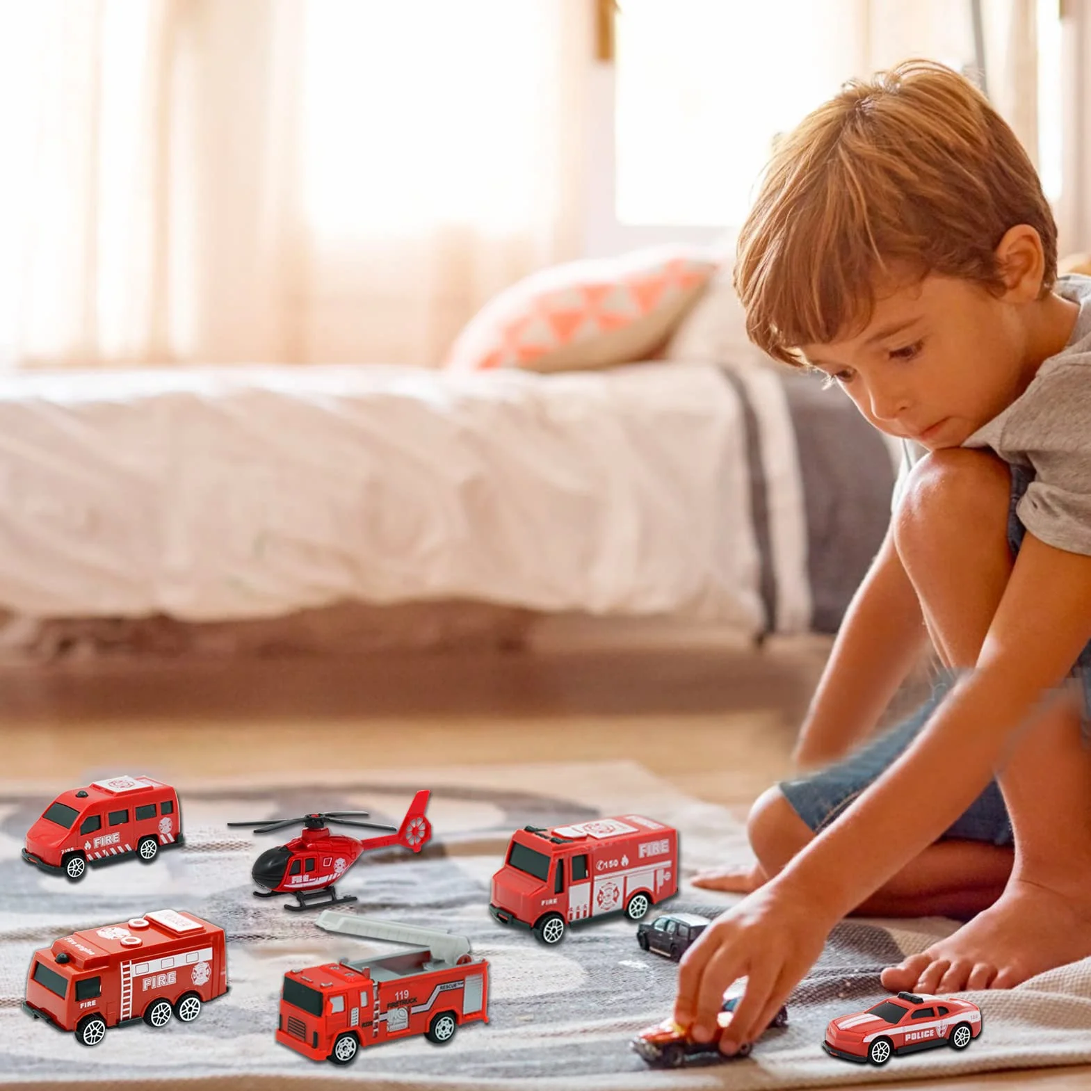 Mini Camion de Pompier Jouet 7 Pièces pour Enfant Cadeau d'Anniversaire