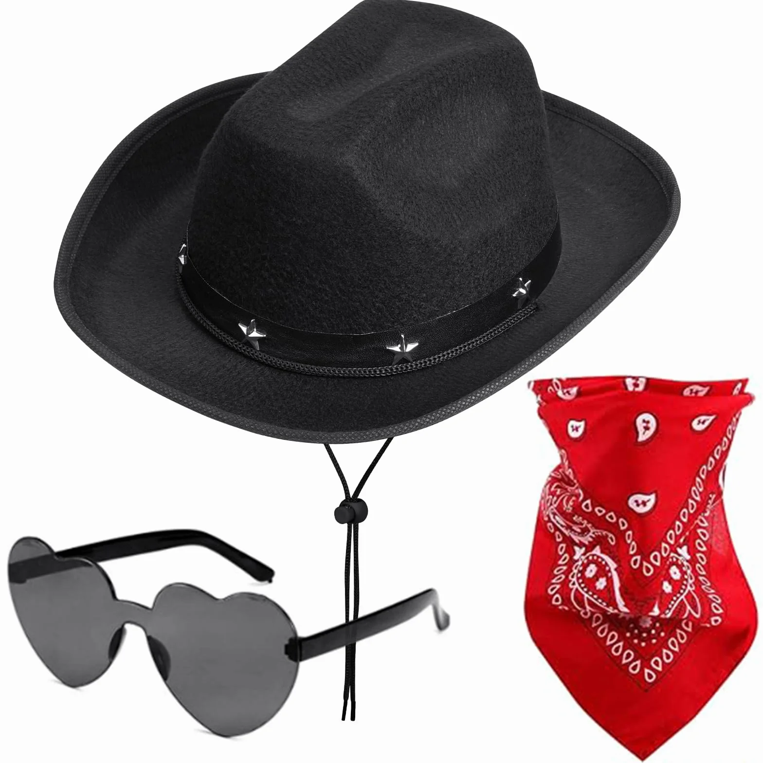 Chapeau de CowBoy pour Enfants 3Pcs avec Étoile Diadème Ficelle Lunettes Coeur Bandana Halloween