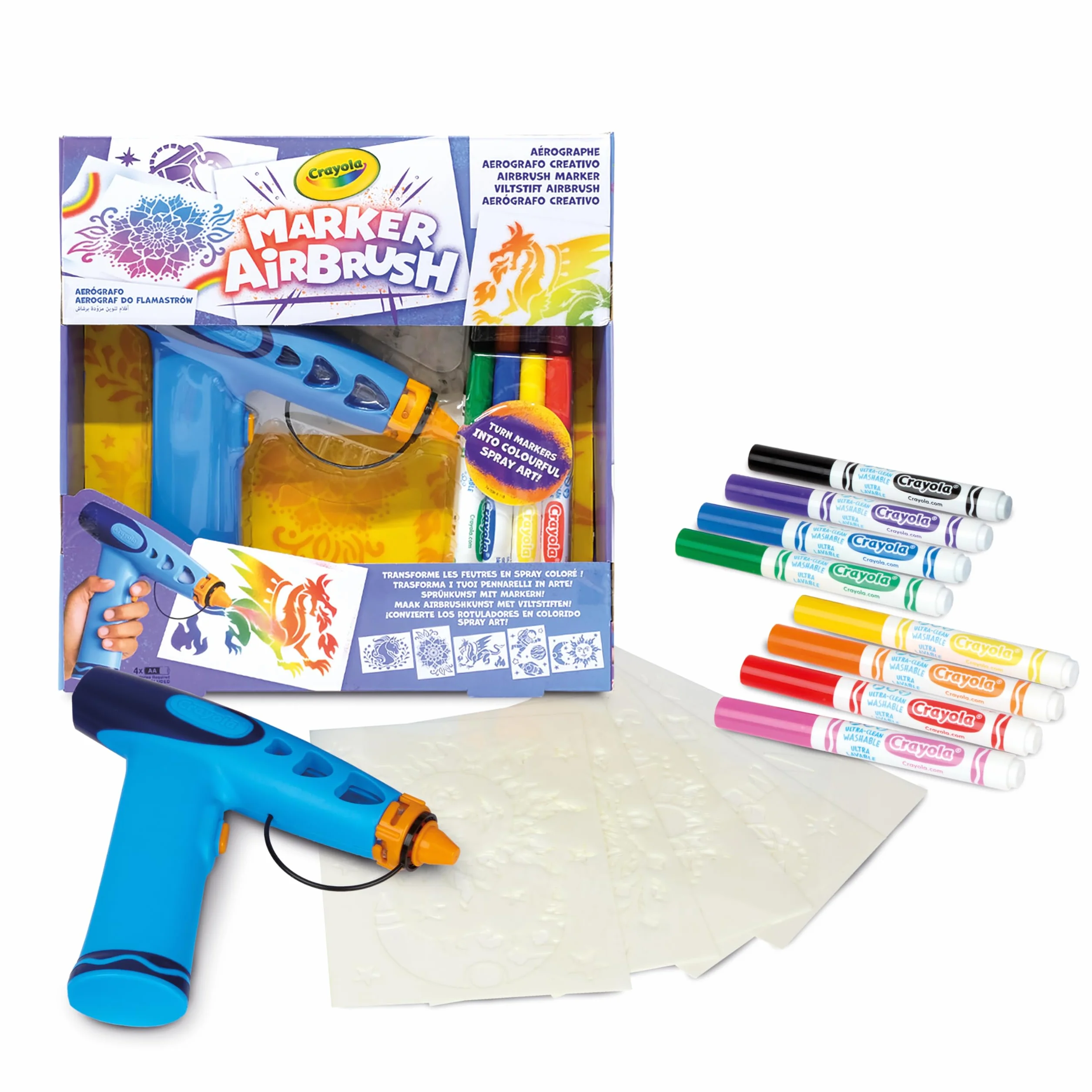 CRAYOLA Airbrush Marker Créatif pour Enfants avec 8 Feutres Lavables et 5 Pochoirs, Jouet Éducatif, 6 Ans