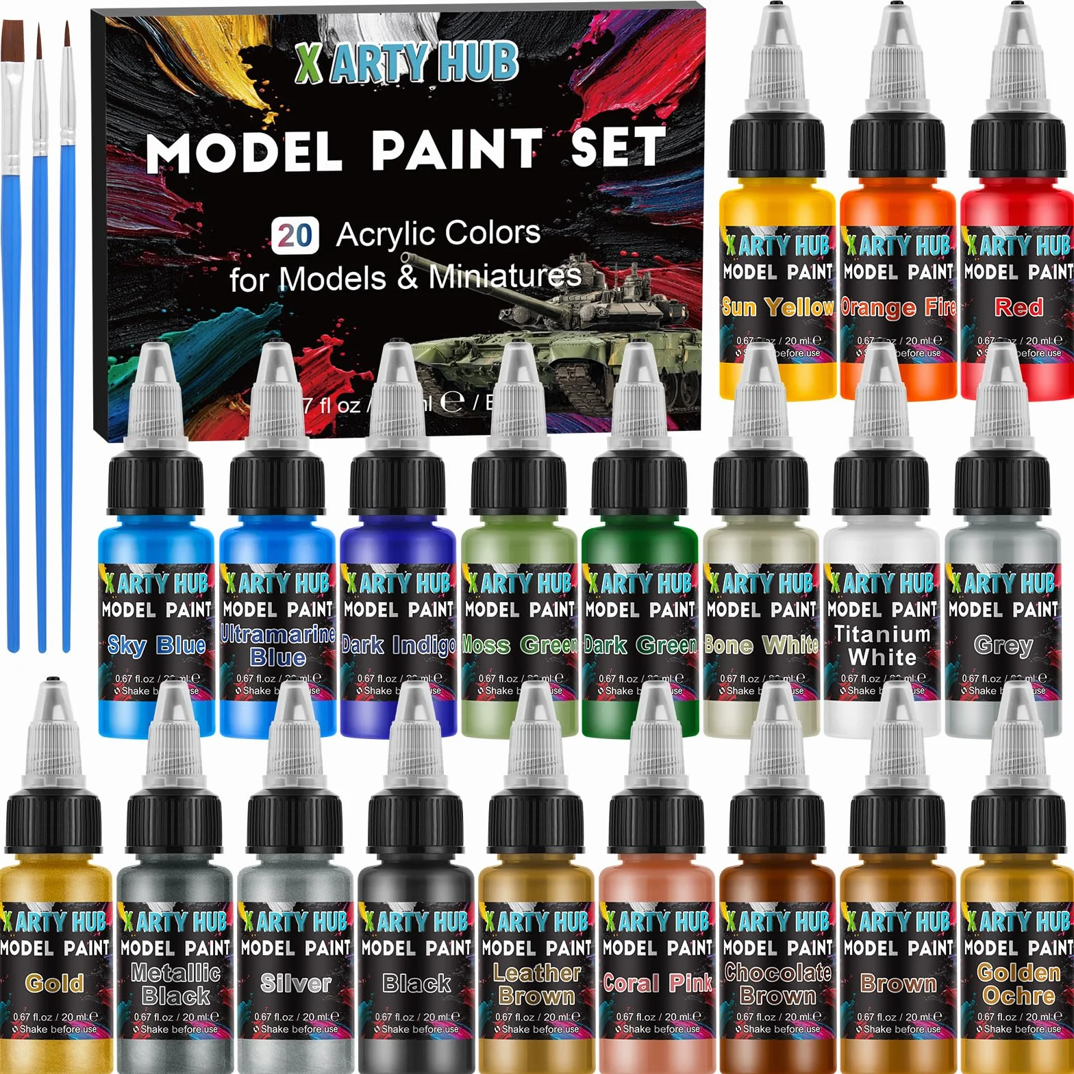 Kit de Peinture pour Maquettes 20 Couleurs Acryliques avec 3 Pinceaux pour Aérographe Wargames Miniatures