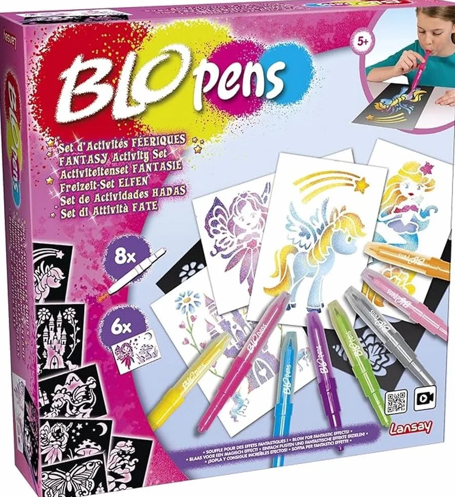 Lansay BLOPENS Set Activités Féeriques Feutres Coloriage À Souffler Pochoirs Réutilisables Kit Création Dessins Fées Licornes Sirènes Pailletées Enfants 5 Ans