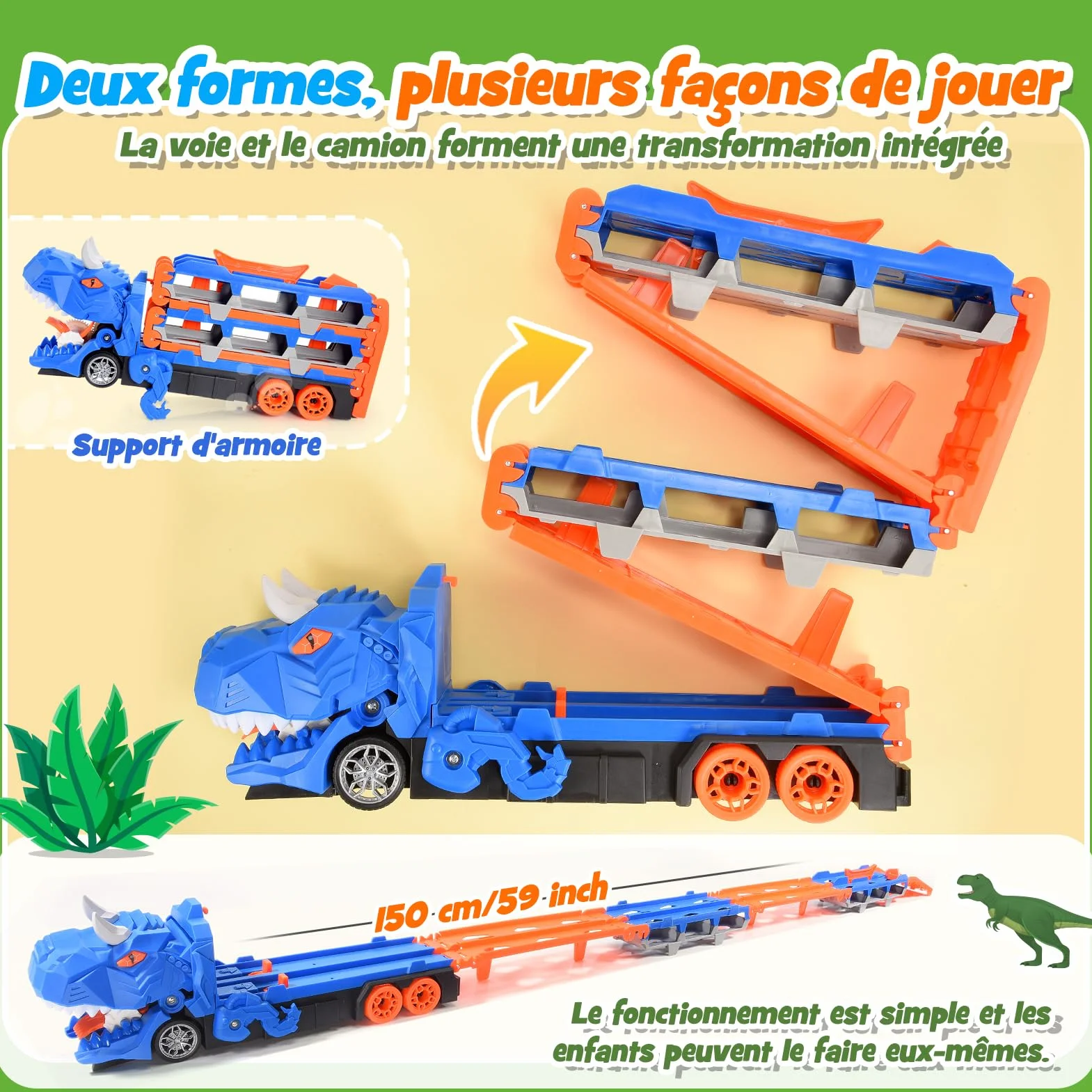 Camion Dinosaure Jouet Enfant 2-6 Ans 150 CM Transport avec 6 Mini Voitures