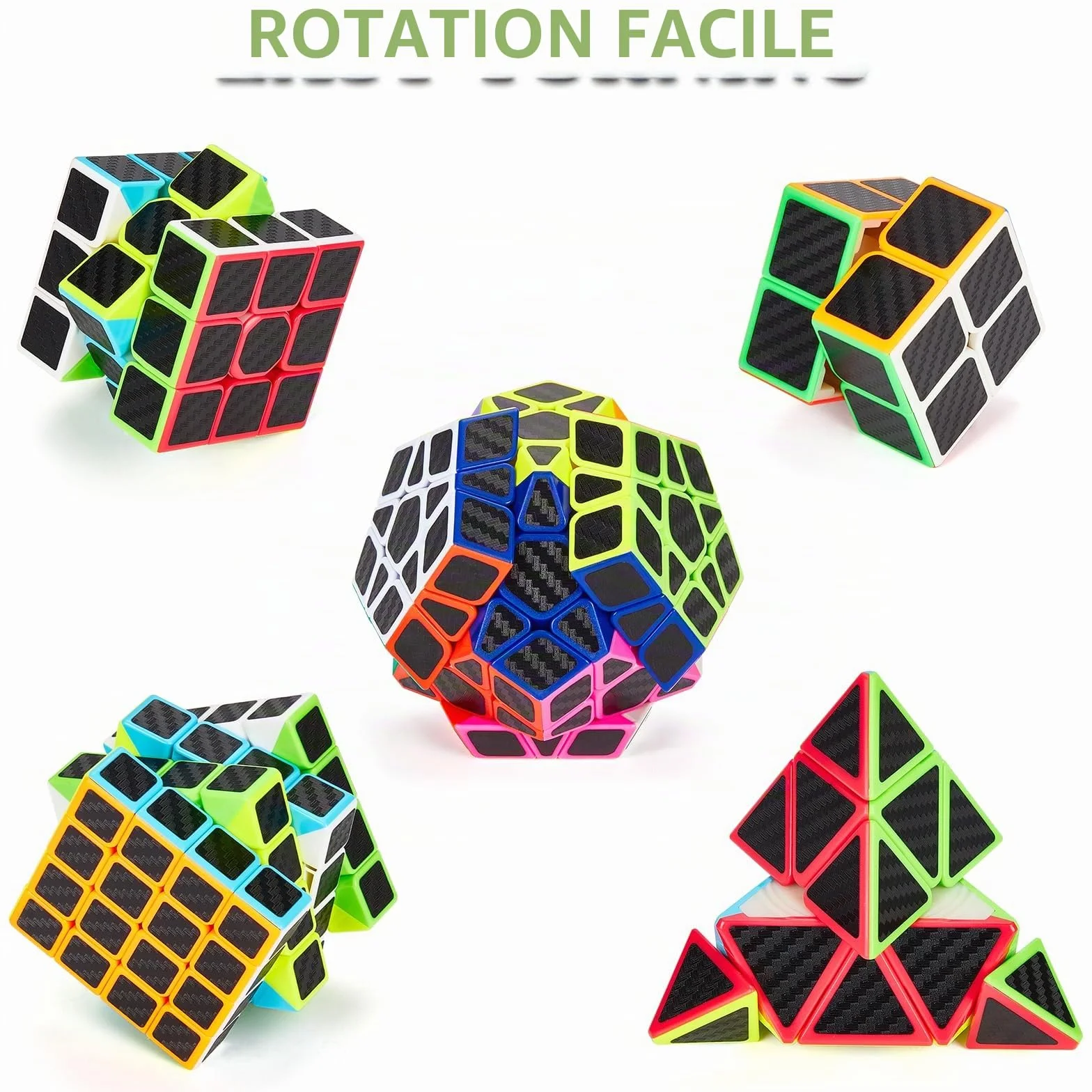 Coolzon Speed Cube Set Pyraminx Megaminx 2x2 3x3 4x4 5 Pack Boîte Cadeau Cubo Autocollant Carbone Fibre Ultra Rapide