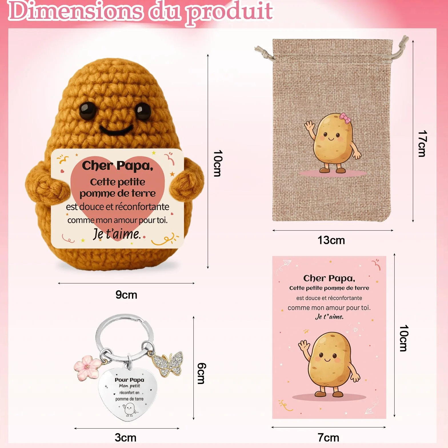Peluche Patate Tricotée avec Carte et Porte-Clés, Cadeau Papa Anniversaire Fête des Pères Noël
