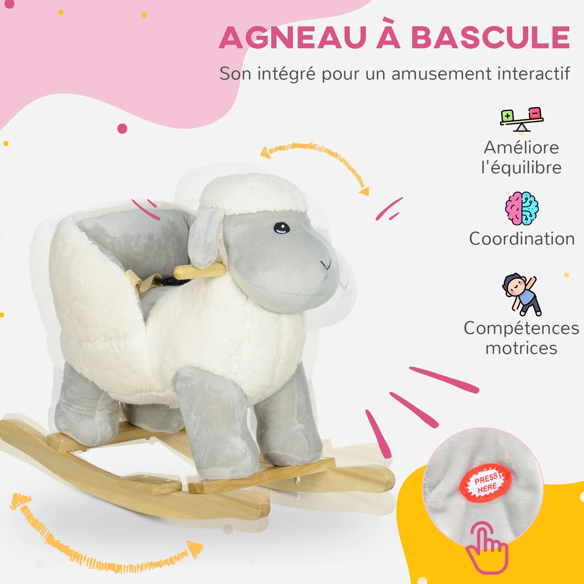 AIYAPLAY Cheval à Bascule pour Enfant, Jouet à Bascule en Peluche Agneau, 68 x 35 x 55 cm, Gris
