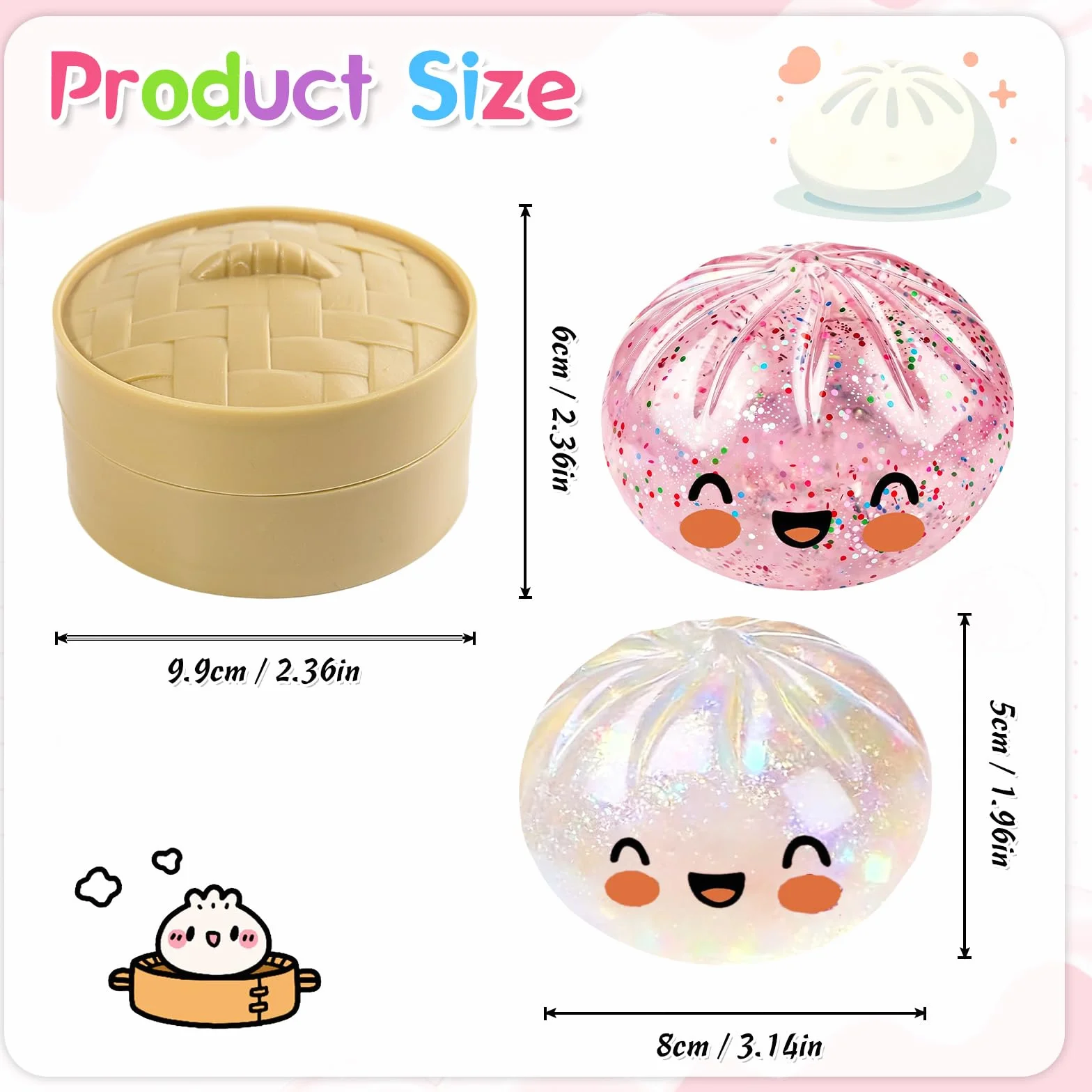 Géant Paillettes Squishys Ravioli Anti-Stress Presser avec Cuiseur Vapeur, Jouets Anti-Stress pour Enfant Adulte Rose Transparent