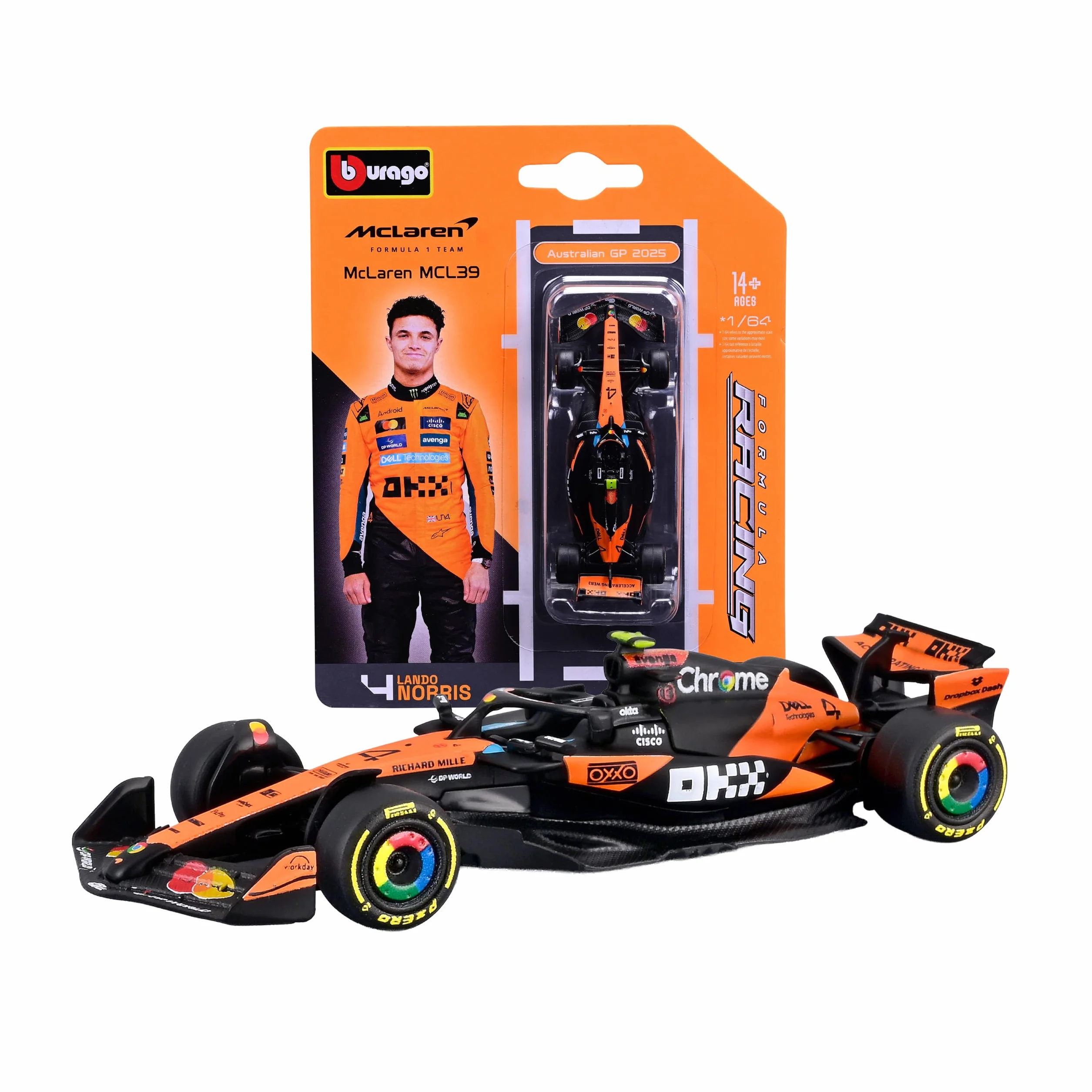 Bburago F1 McLaren MCL39 2025 #4 Lando Norris Voiture Miniature 1:64 Réplique Monoplace Formule 1 Couleurs Officielles McLaren Blister Collection 14+