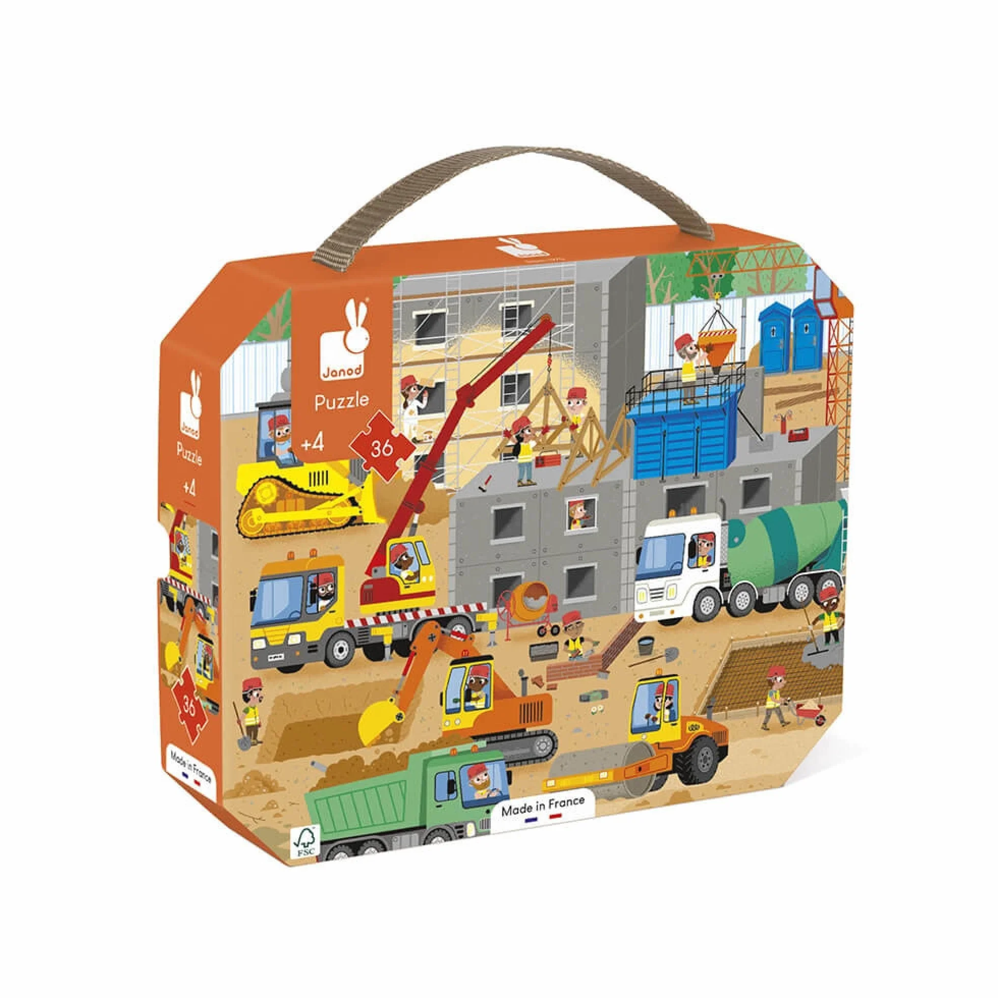 Janod Puzzle Enfant Le Chantier 36 Pièces Jeu Educatif Motricité Fine et Concentration Valisette Poignée Fabriqué en France Certifié FSC Dès 4 Ans Multicolore