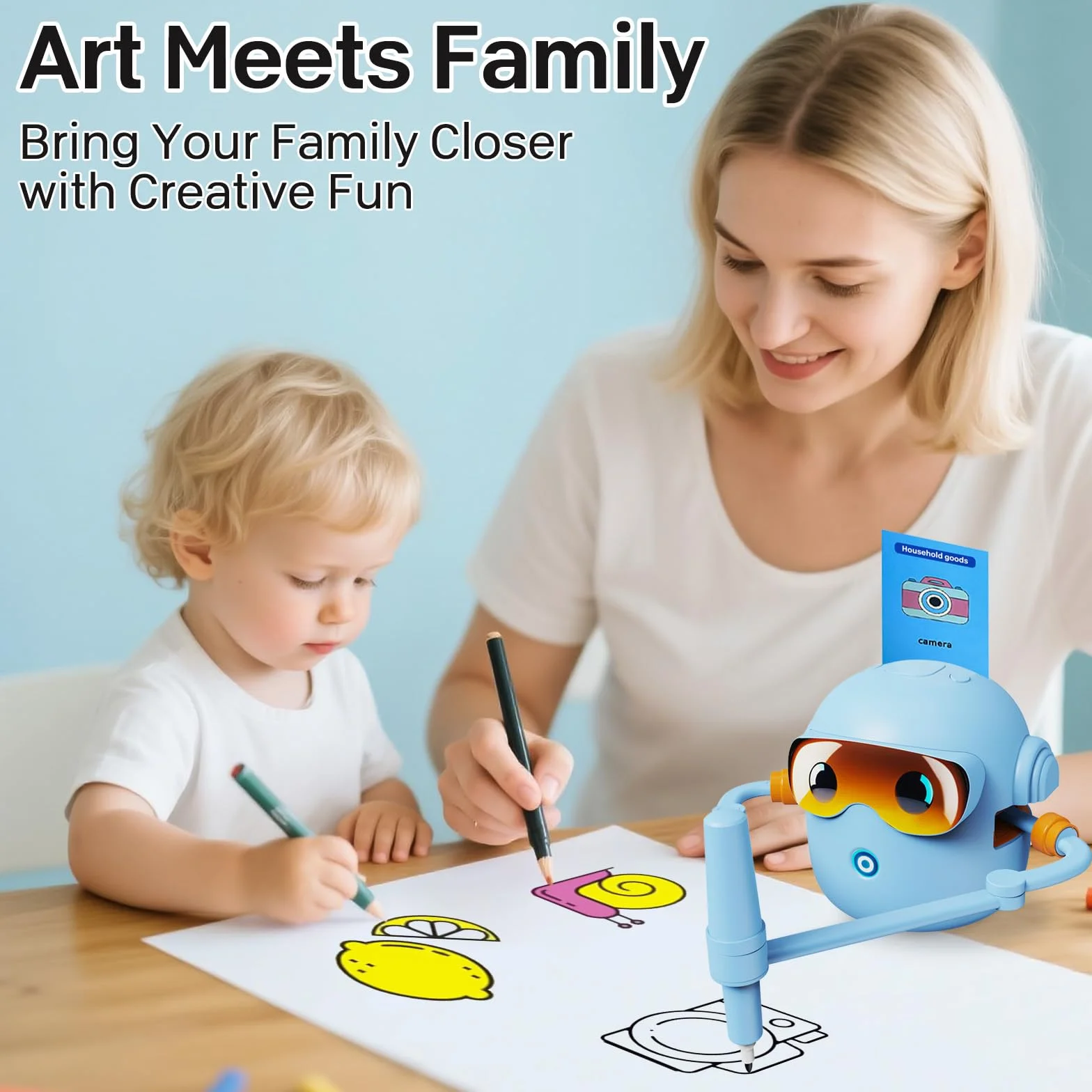 PZCC Robot de Dessin pour Enfants Jouet Éducatif Interactif 100 Cartes Dessin Guide Vocal 12 Feutres Colorés Batterie USB-C Cadeau Filles Garçons 3-9 Ans Bleu