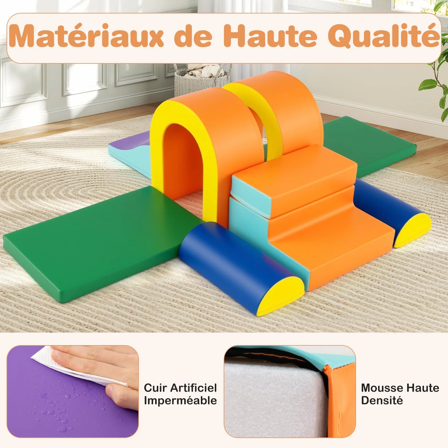 COSTWAY Module Motricité Bébé avec Toboggan & Escalier, Parcours Motricité en Mousse, Jouets Éducatifs Orange