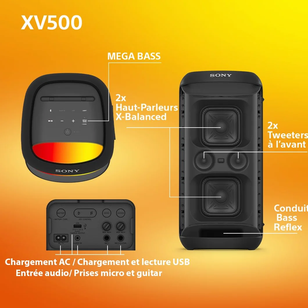 Sony SRS-XV500 Enceinte Party Box Bluetooth sans fil MEGA BASS 25h IPX4 Noir