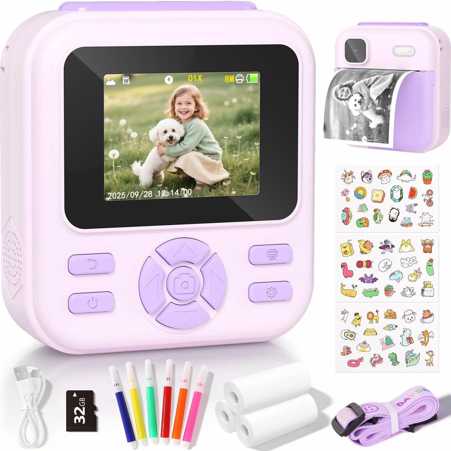 YOHOOLYO Appareil Photo Instantané Enfant 2,4" 1080P Vidéo Selfie avec Carte 32 Go et Papier d'impression Violet
