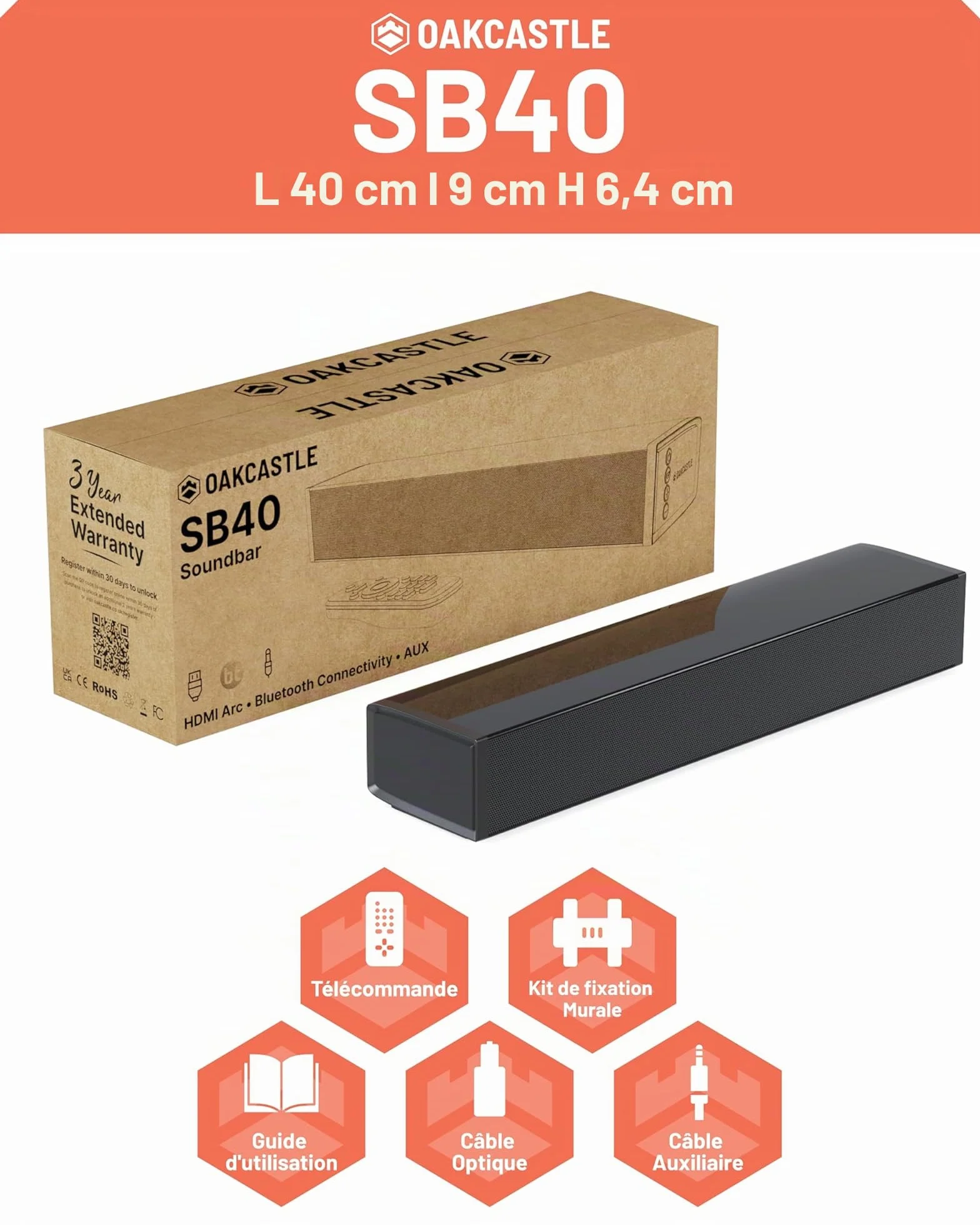 Oakcastle SB40 Barre de Son TV 60W 2.0 Stéréo HDMI Arc AUX Optique 40cm