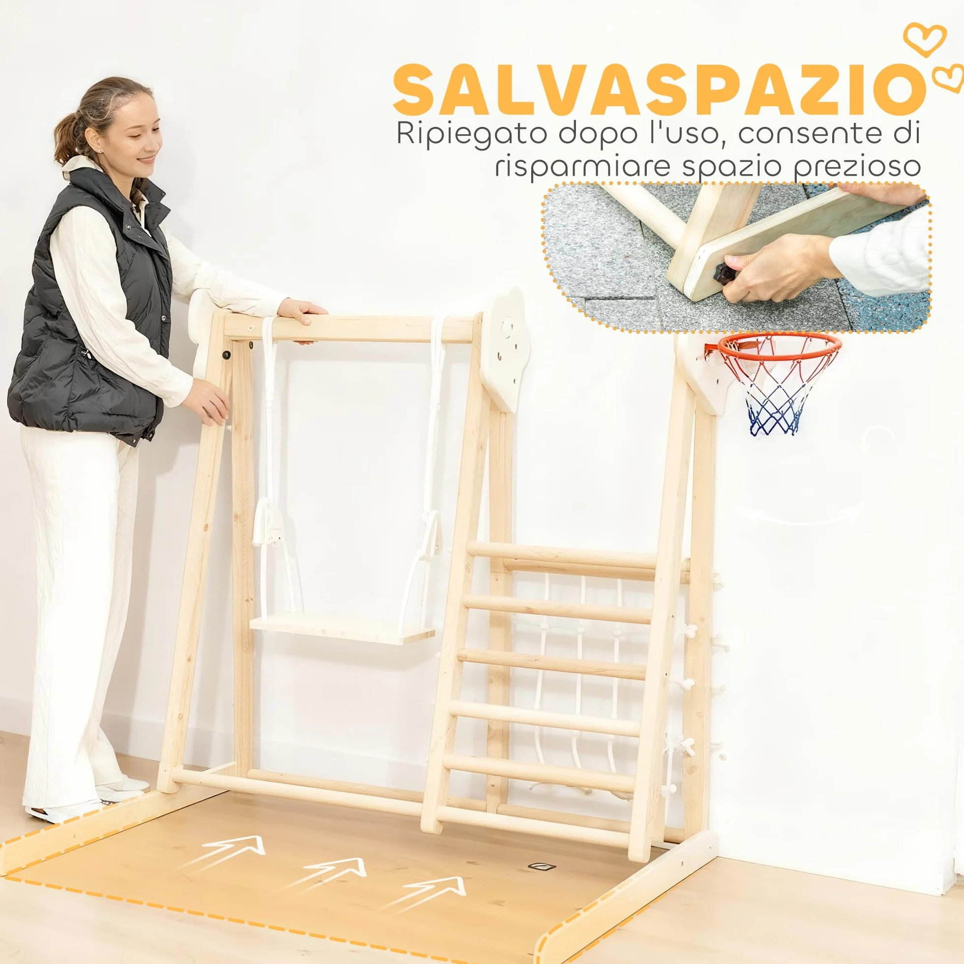 AIYAPLAY Toboggan 5 en 1 structure d'escalade en bois avec balançoire et panier de basket pour enfants 3-6 ans intérieur extérieur