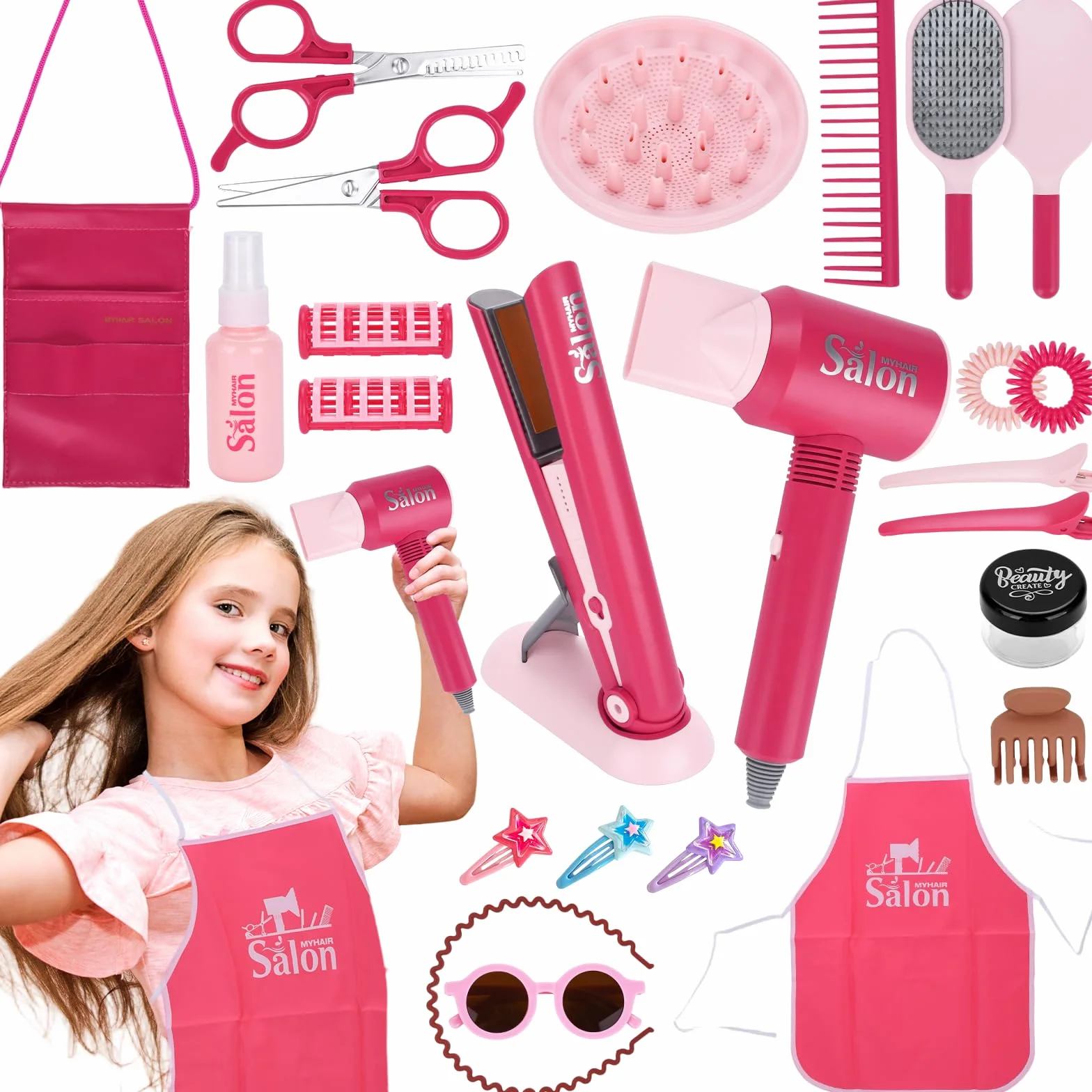 Ensemble de Salon de Beauté 25 Pièces Jouets de Coiffure pour Filles 3-7 Ans Rose