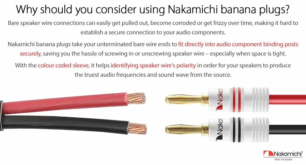 Nakamichi Fiche banane plaquée or 24K 12 AWG - 18 AWG 4 mm pour haut-parleurs Amplificateur Hi-Fi Connecteur à vis 4 pièces