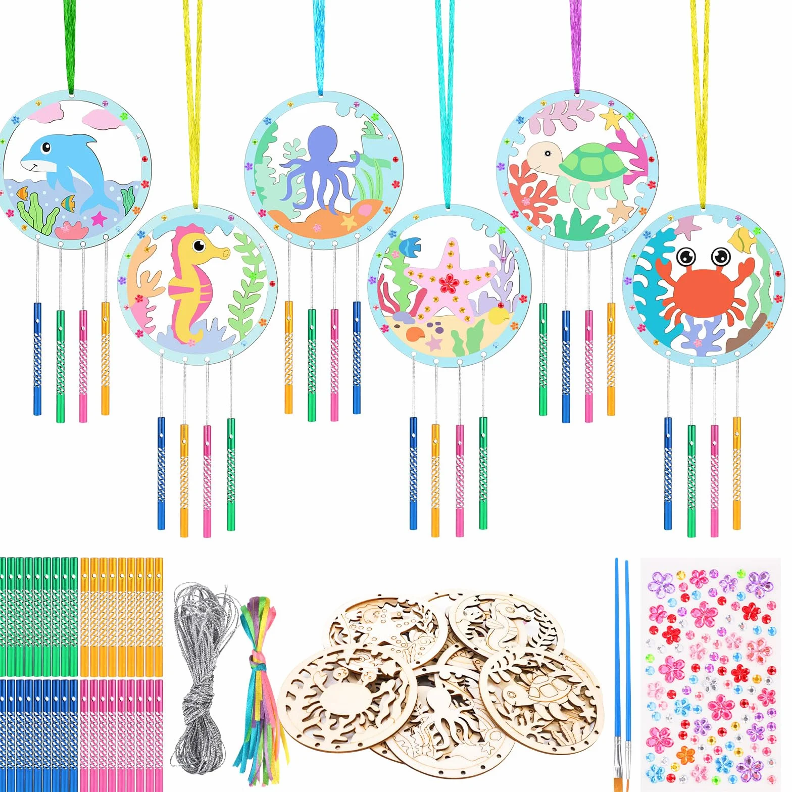 Kit Créatif Carillons à Vent Animaux Marins en Bois DIY, Activité Manuelle Enfant Décoration Été
