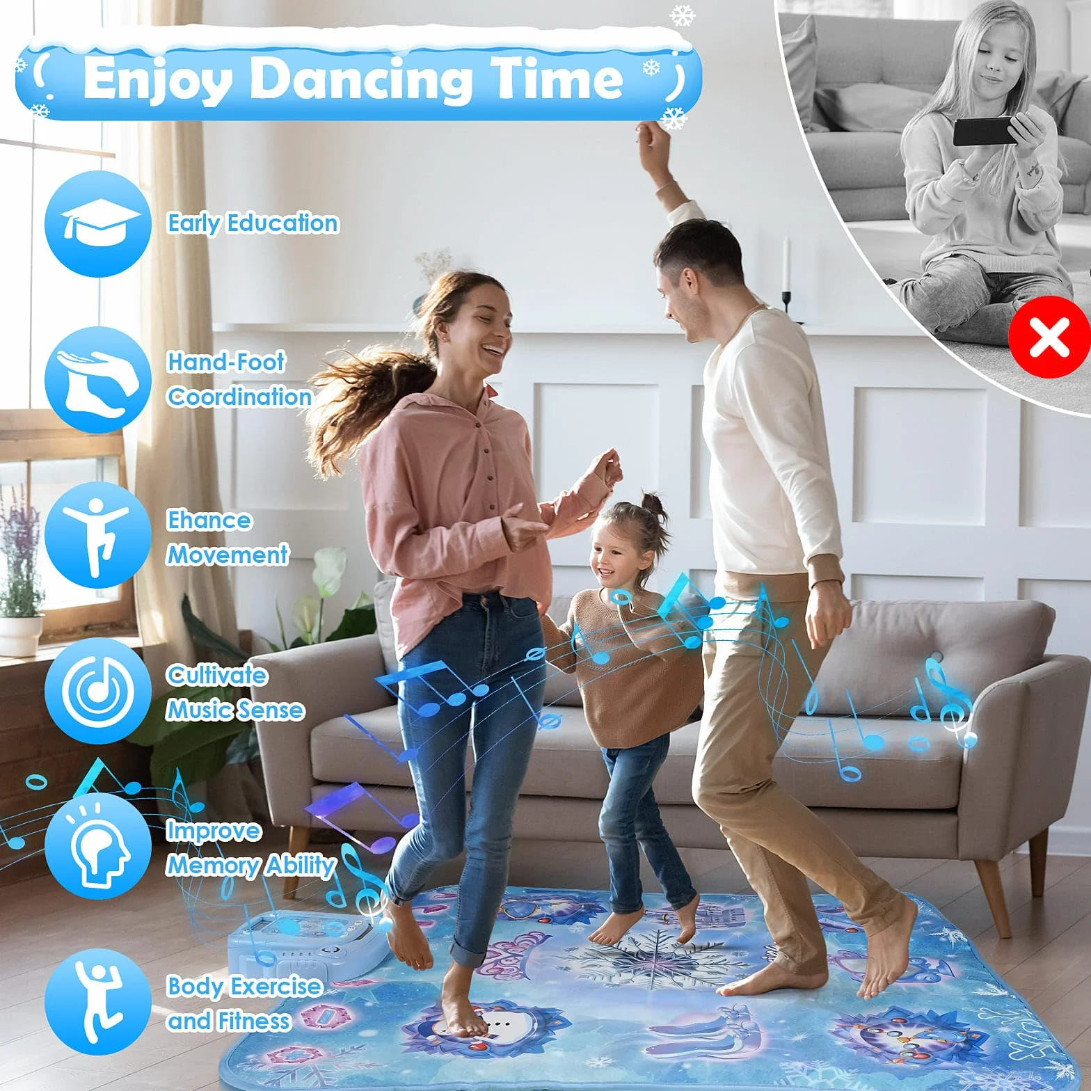 Euakee Tapis de Danse pour Enfants Bluetooth LED 6 Lumières 5 Modes de Jeu Musique Intégrée Bleu