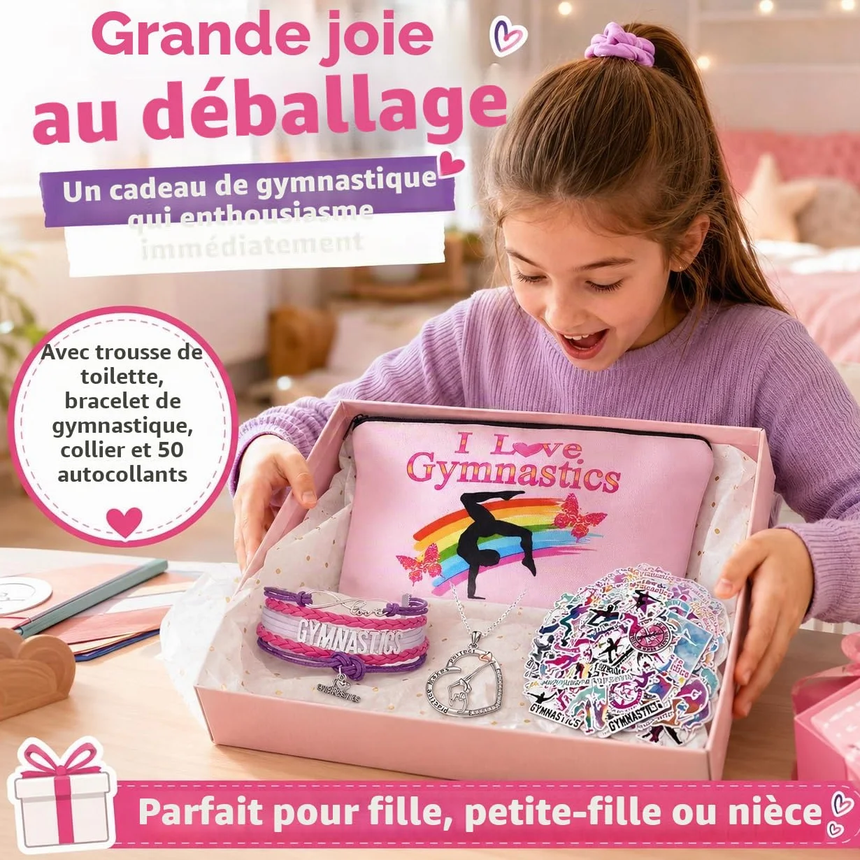 Ensemble d'accessoires de gymnastique pour fille – Bracelet, chaîne, trousse de maquillage et autocollant – Sac de gym