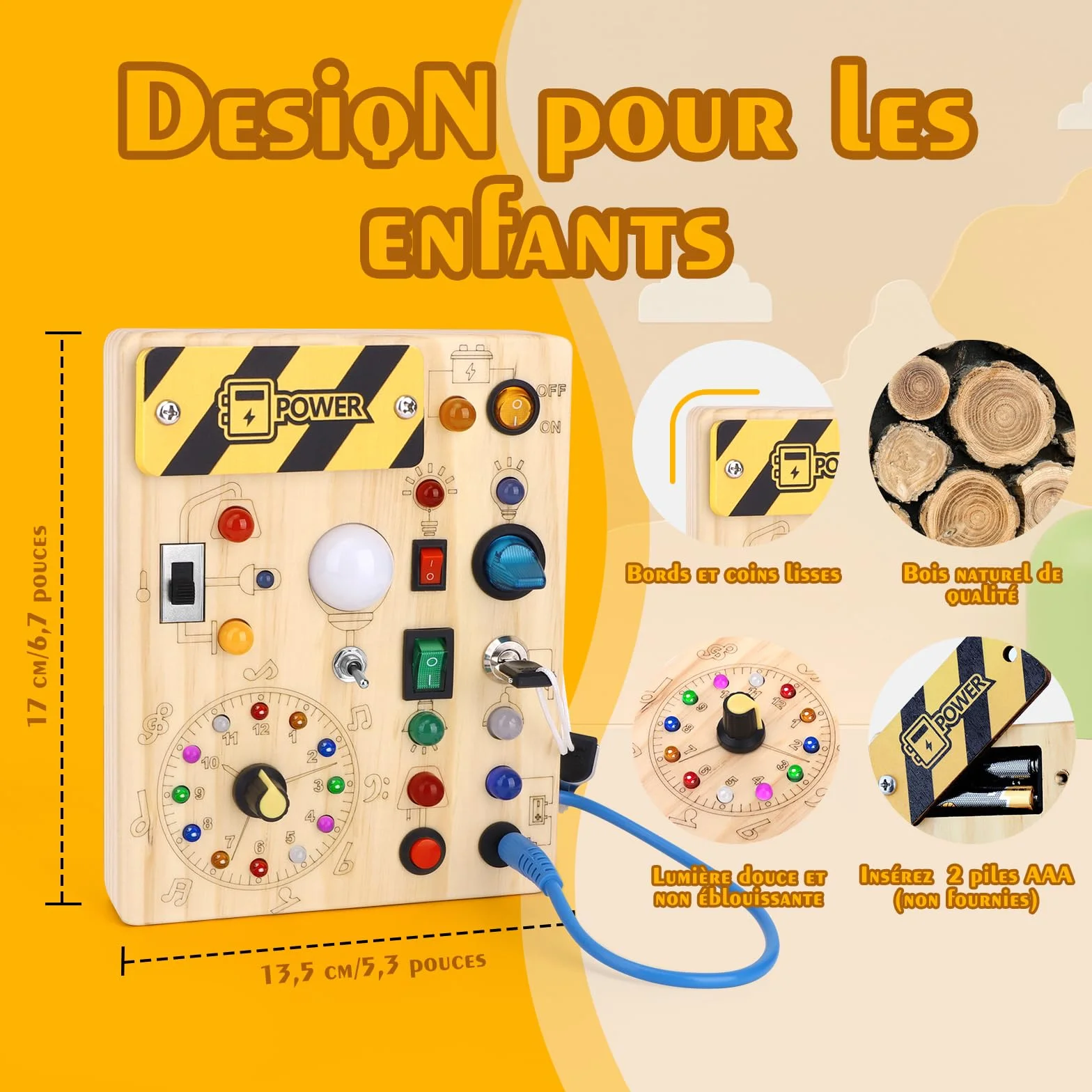 Busy Board Montessori 1 an Tableau d'Activités Horloge en Bois Sensorielle 10 Interrupteurs 23 Lumières LED Jeu Éducatif Motricité Fine