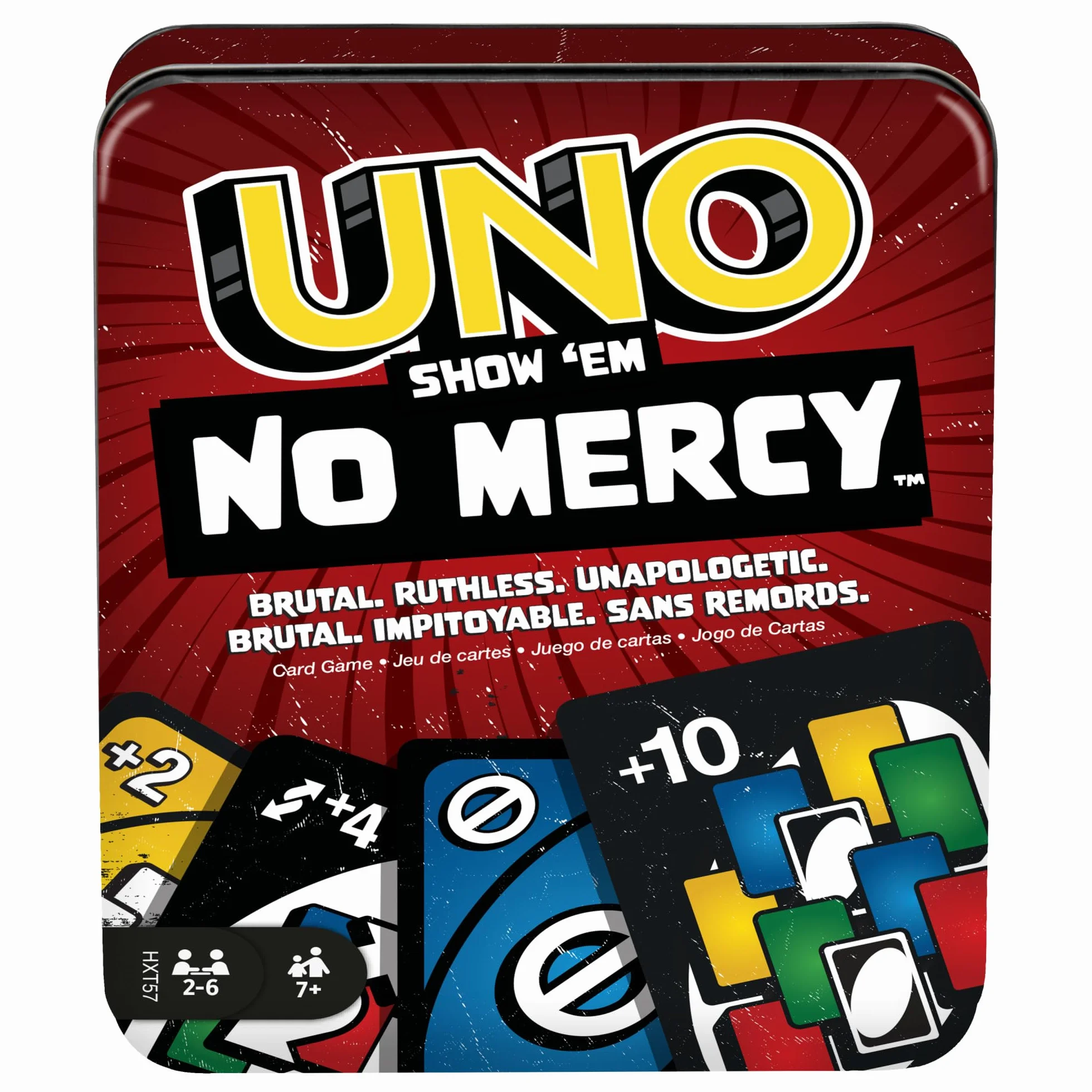 Mattel Games UNO No Mercy Jeu de cartes boîte transport voyage règles spéciales pénalités sévères HXT57