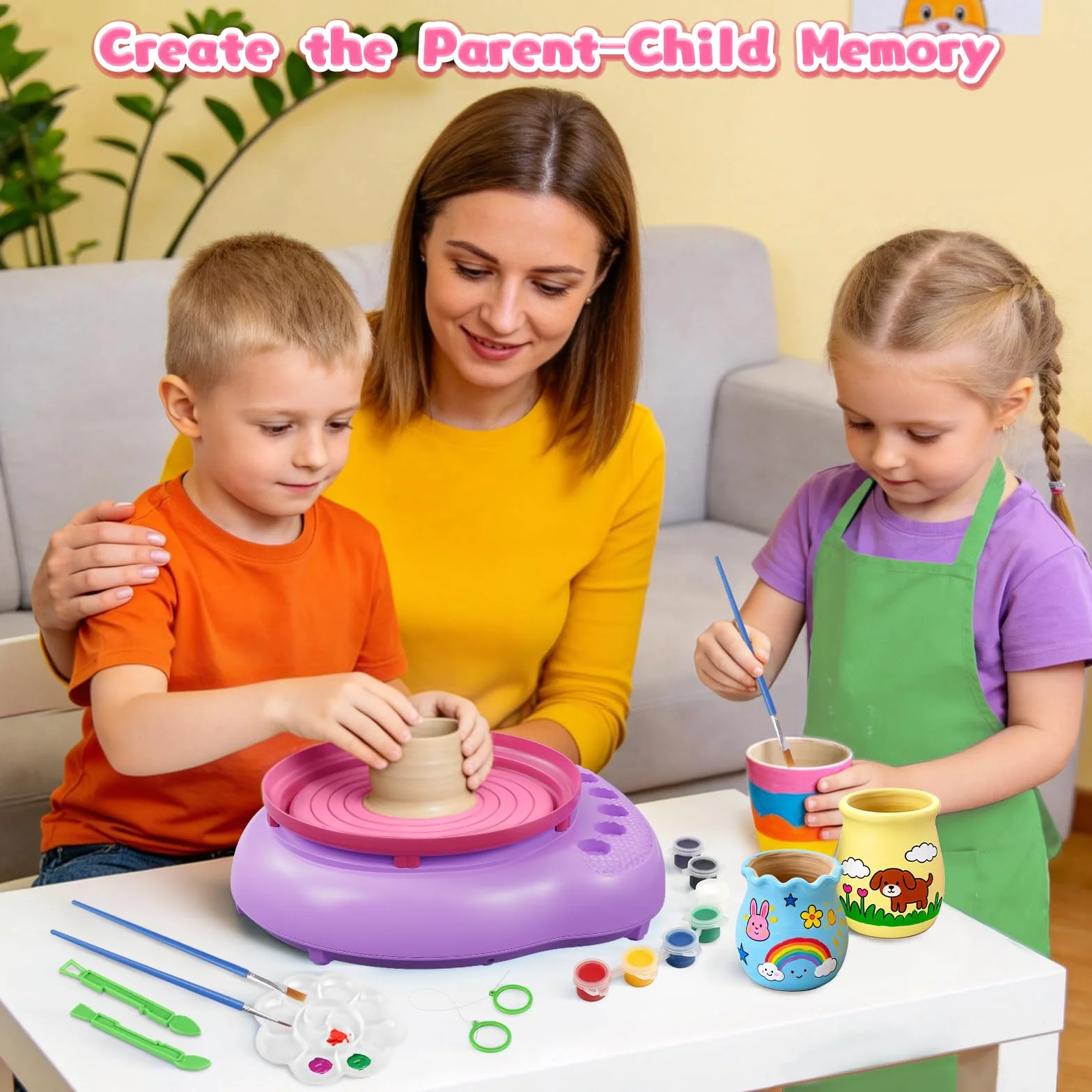 Tour de Potier Enfant avec Argile et Peinture, Kit Poterie Auto-Durcissante Cadeau Créatif