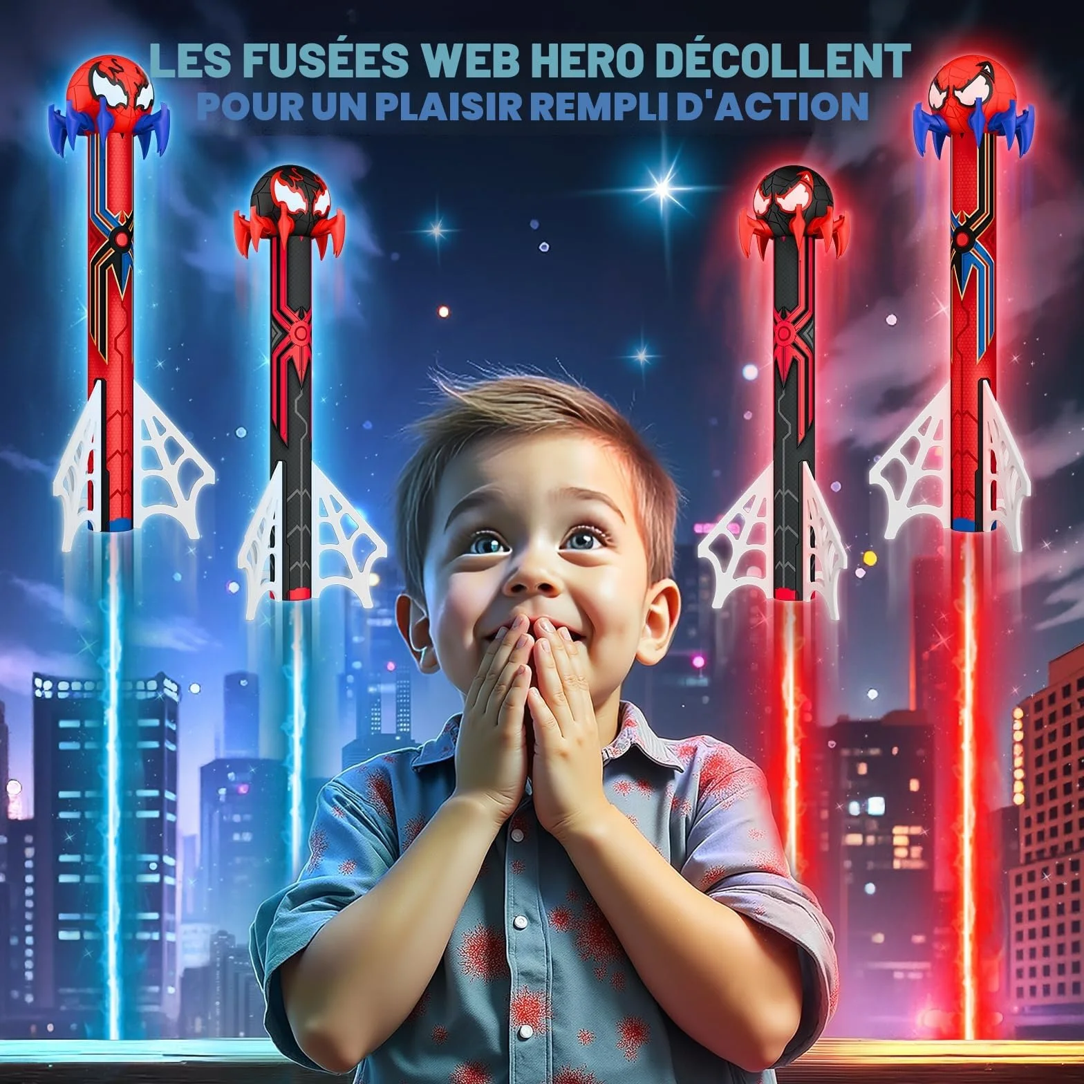 Fusée Enfant Cadeau Garçon 3-12 Ans Jouet Extérieur 4 Fusées & Pompe Design Toile d'Araignée