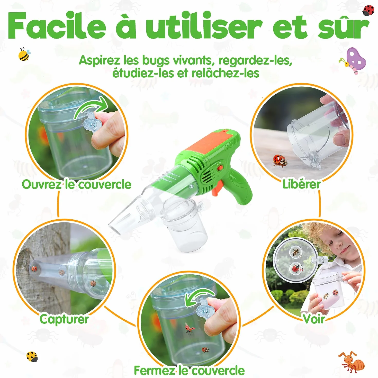 PLAY Aspirateur Insecte Enfants avec Loupes, Attrape Araignée Super Puissante, Jouets Extérieur Cadeaux 3+ Ans