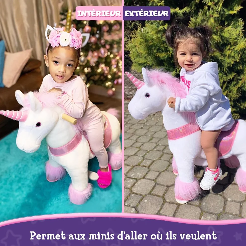 PoneyCycle Officiel Classique Modèle U Licorne Rose Jouet en Peluche sur Roues avec Frein et Son Hauteur 90cm Taille 4 pour 4-7 Ans