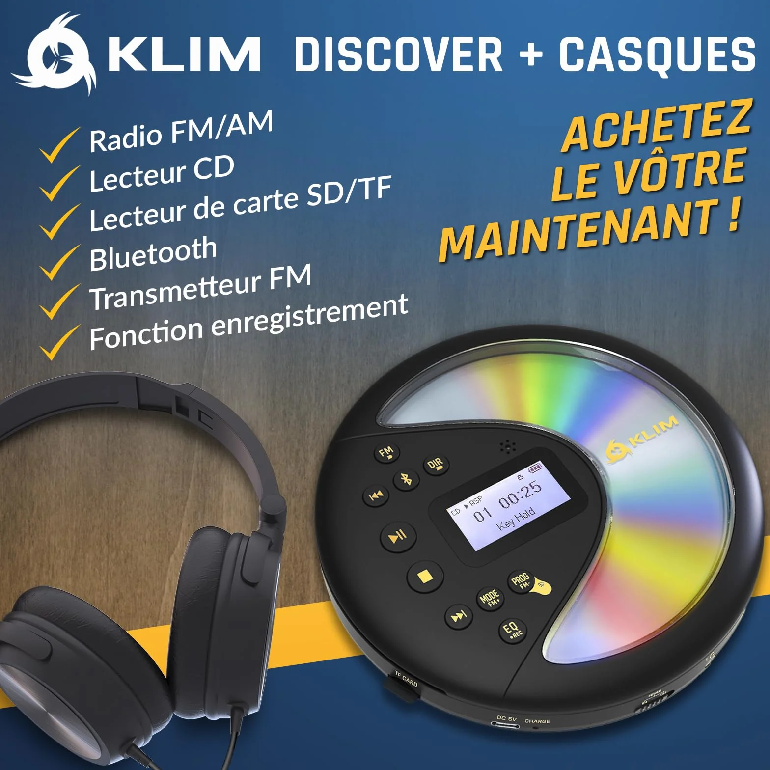 KLIM Discover Przenośny Odtwarzacz CD z Słuchawkami i Baterią Wbudowaną - Czarny/Złoty