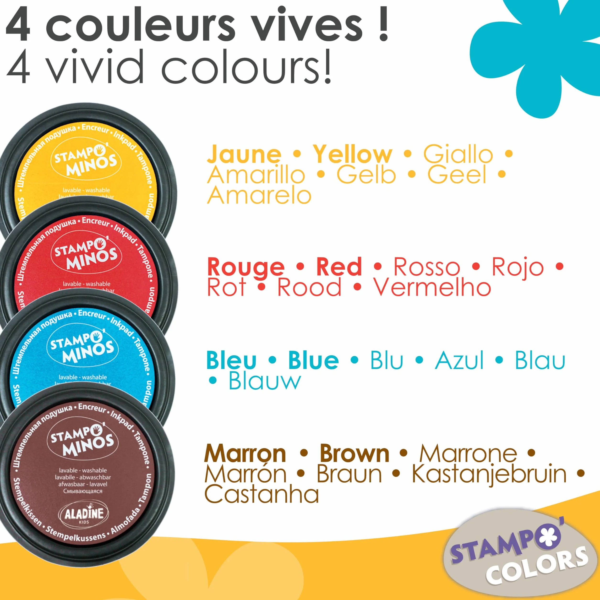 Aladine Stampo Colors Arlequin Encreurs Taille XL Encre Lavable Boîte de 4 Grand Format pour Enfants Dès 3 ans