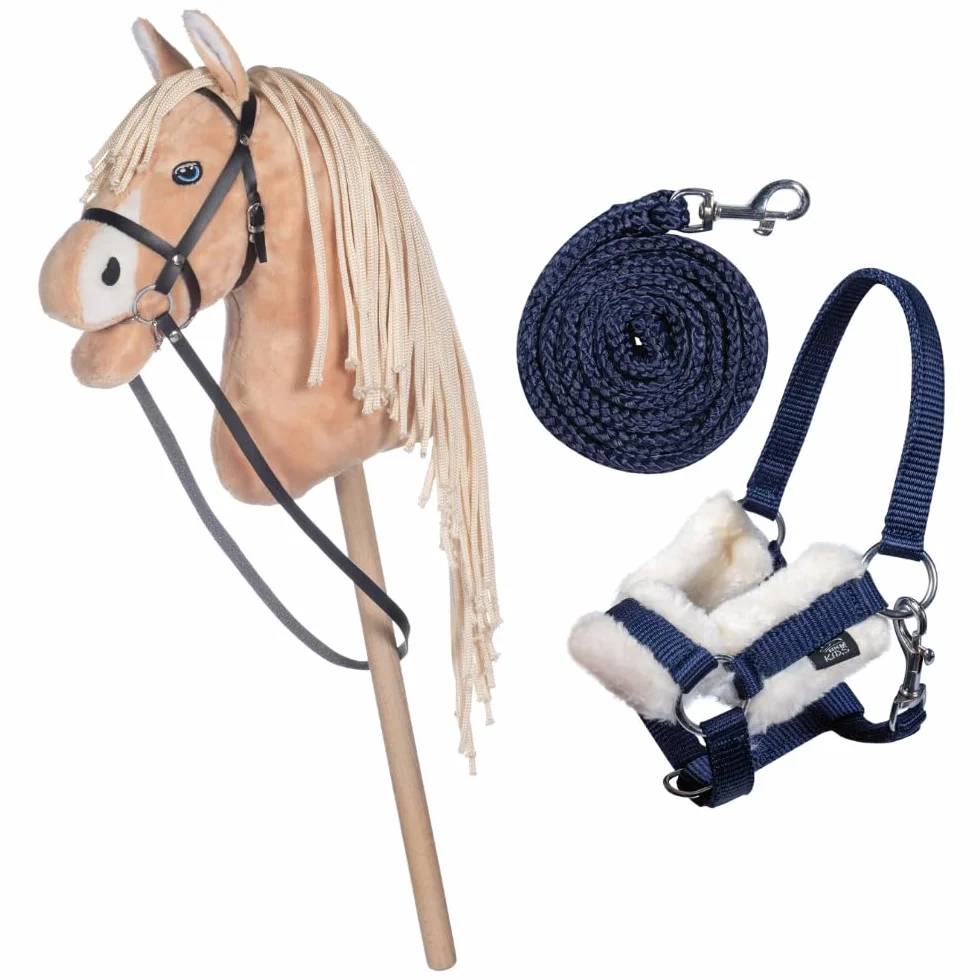 HKM Kids Cheval à bâton Palomino Beige avec licol et longe bleu foncé