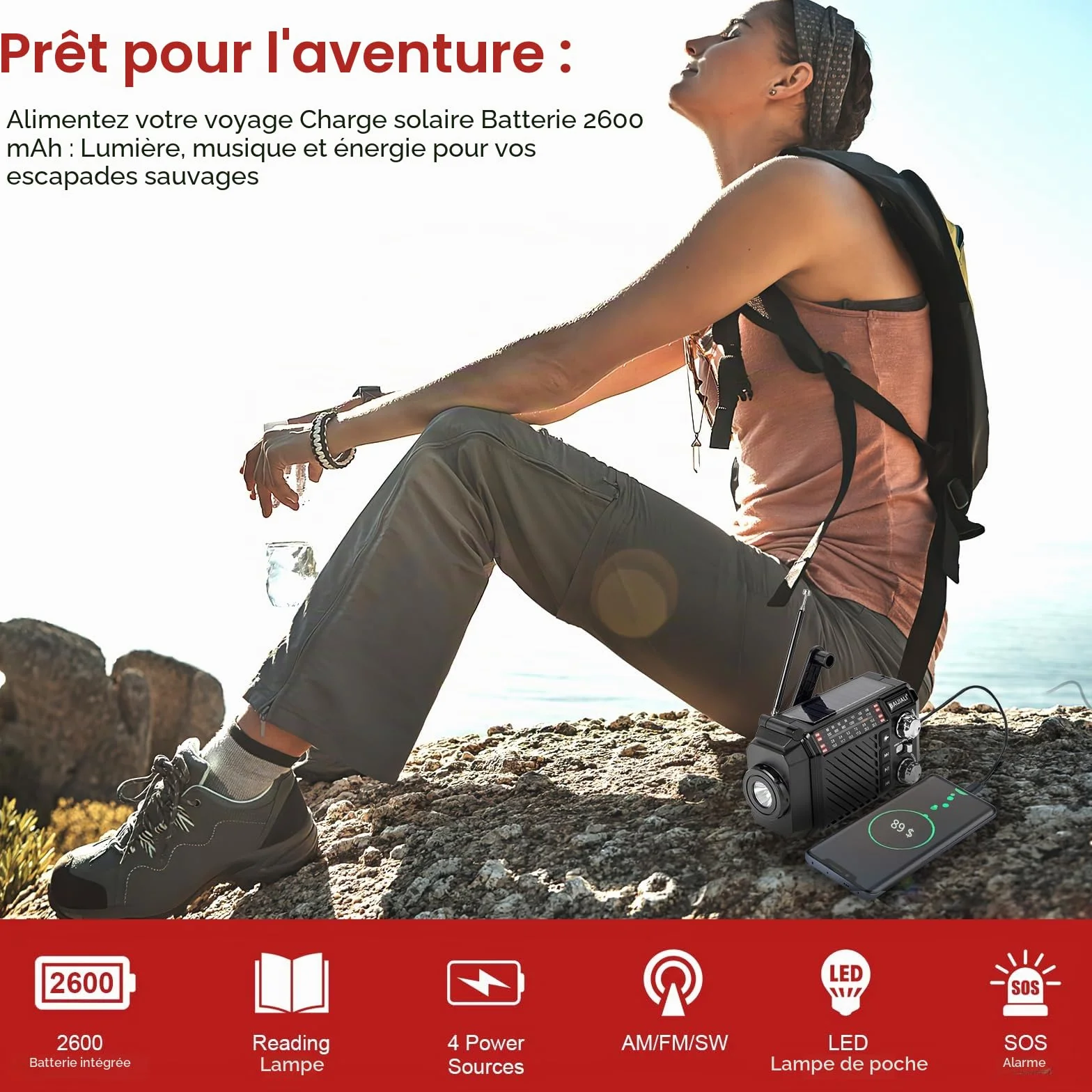Radio de Survie à Manivelle avec Power Bank 2600mAh, Radio Solaire Dynamo AM/FM/OC, Lampe Torche SOS Rechargeable USB - Noir