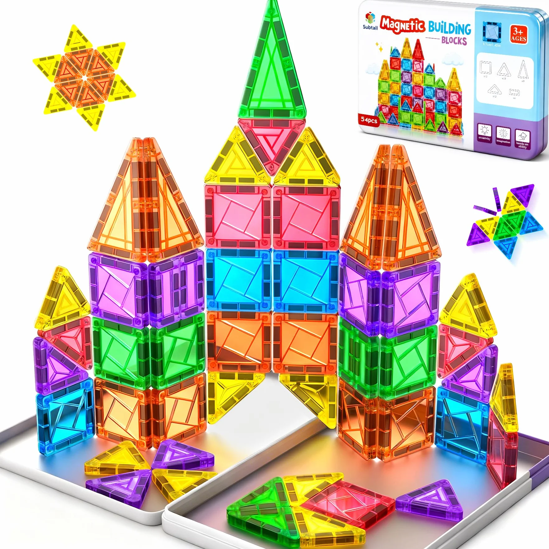 Bloc de Construction Magnetique 54PCS Jouet Cadeau Enfant 3 Ans Blocs Magnetic Tiles Montessori
