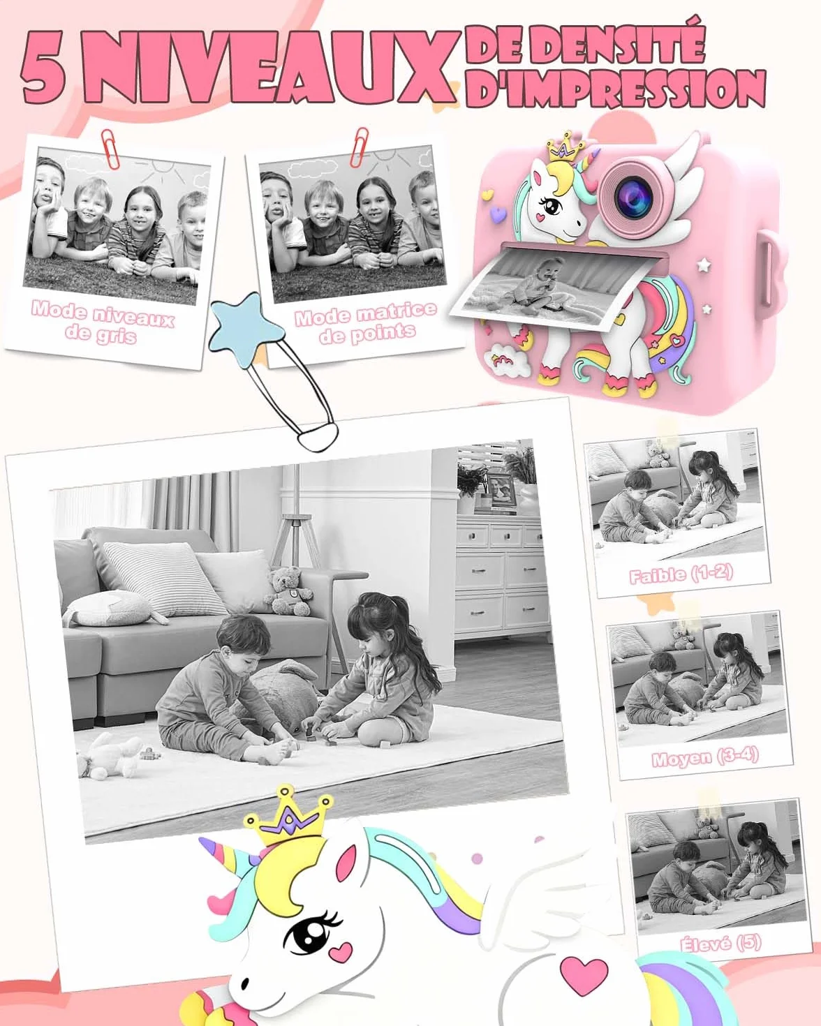 Appareil Photo Instantané Enfants Licorne 2.4" Écran Vidéo 1080P Zoom 16X Impression Thermique 32Go Rose